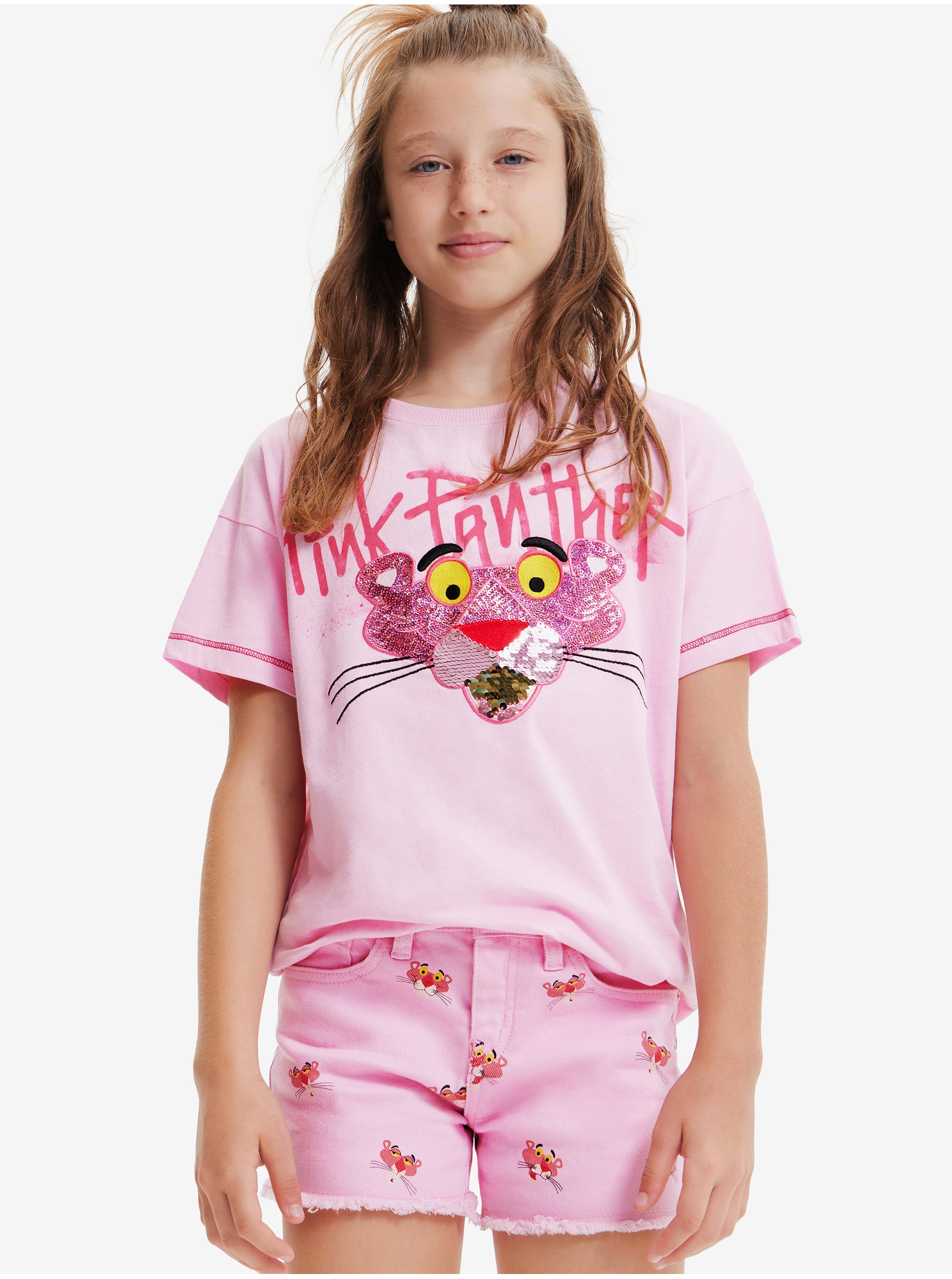 Levně Růžové holčičí tričko Desigual Pink Panther
