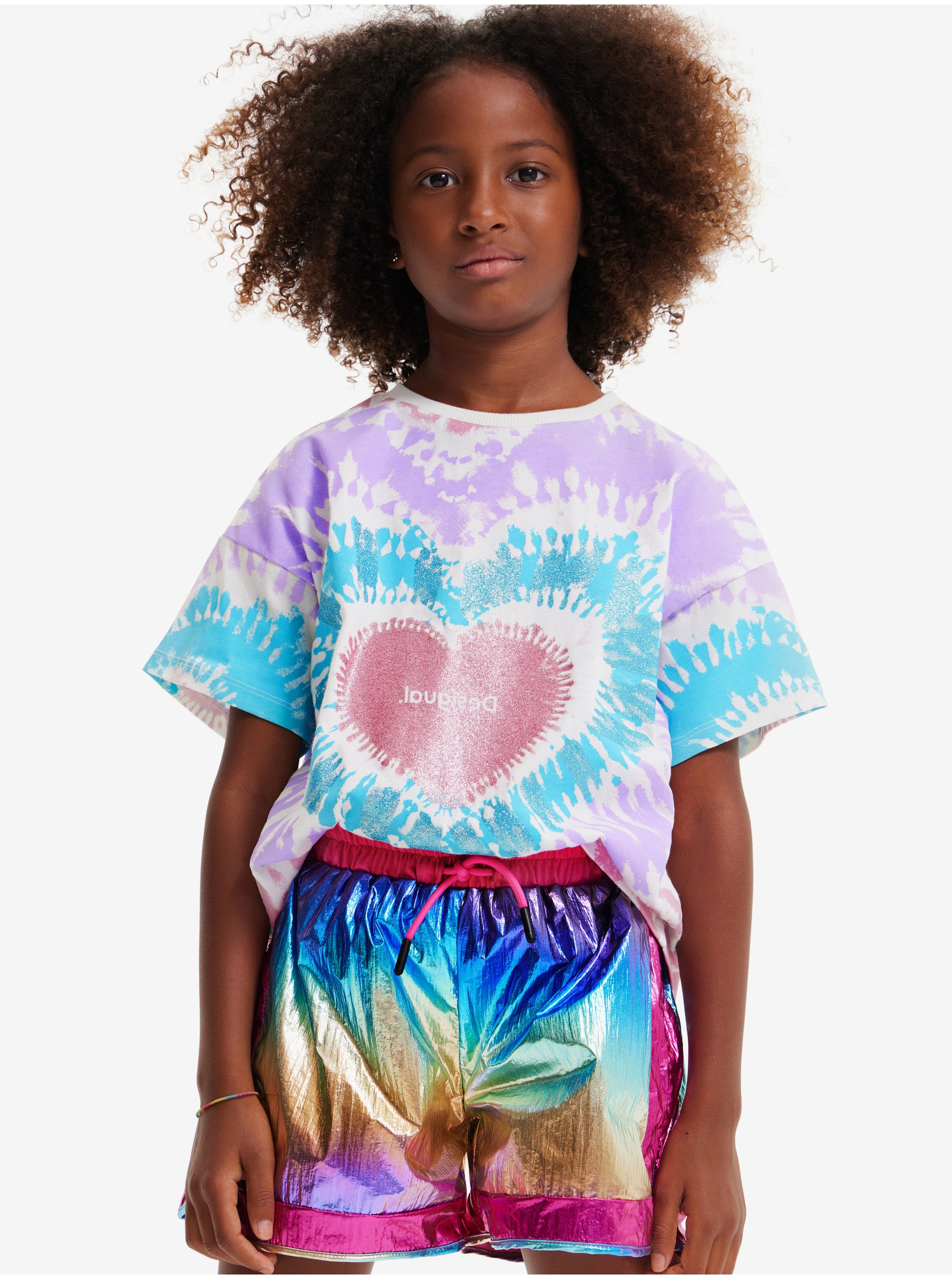 Levně Bílo-fialové holčičí batikované tričko Desigual Hippie