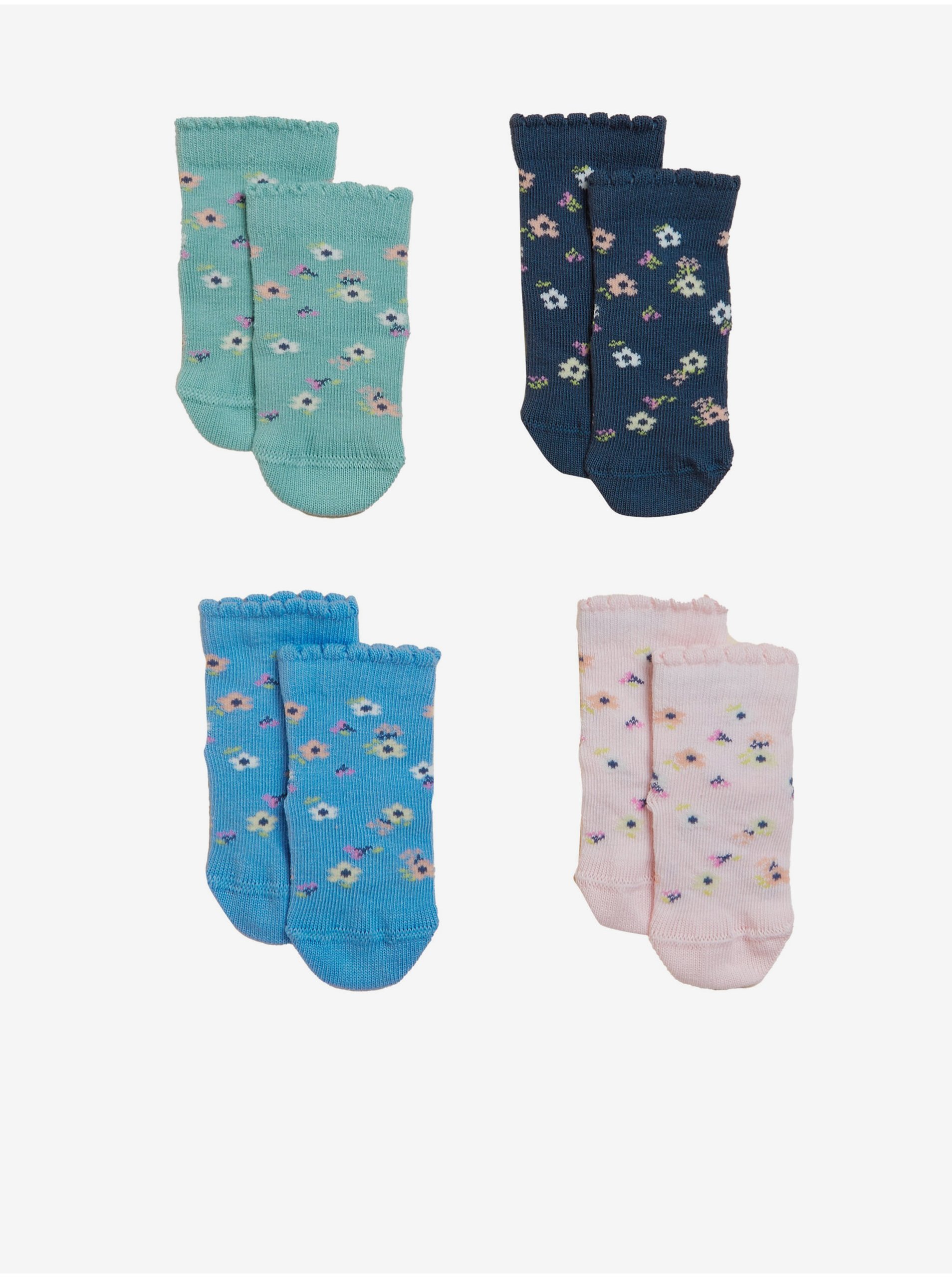 Levně Sada čtyř párů holčičích květovaných ponožek v modré, zelené a růžové barvě Marks & Spencer