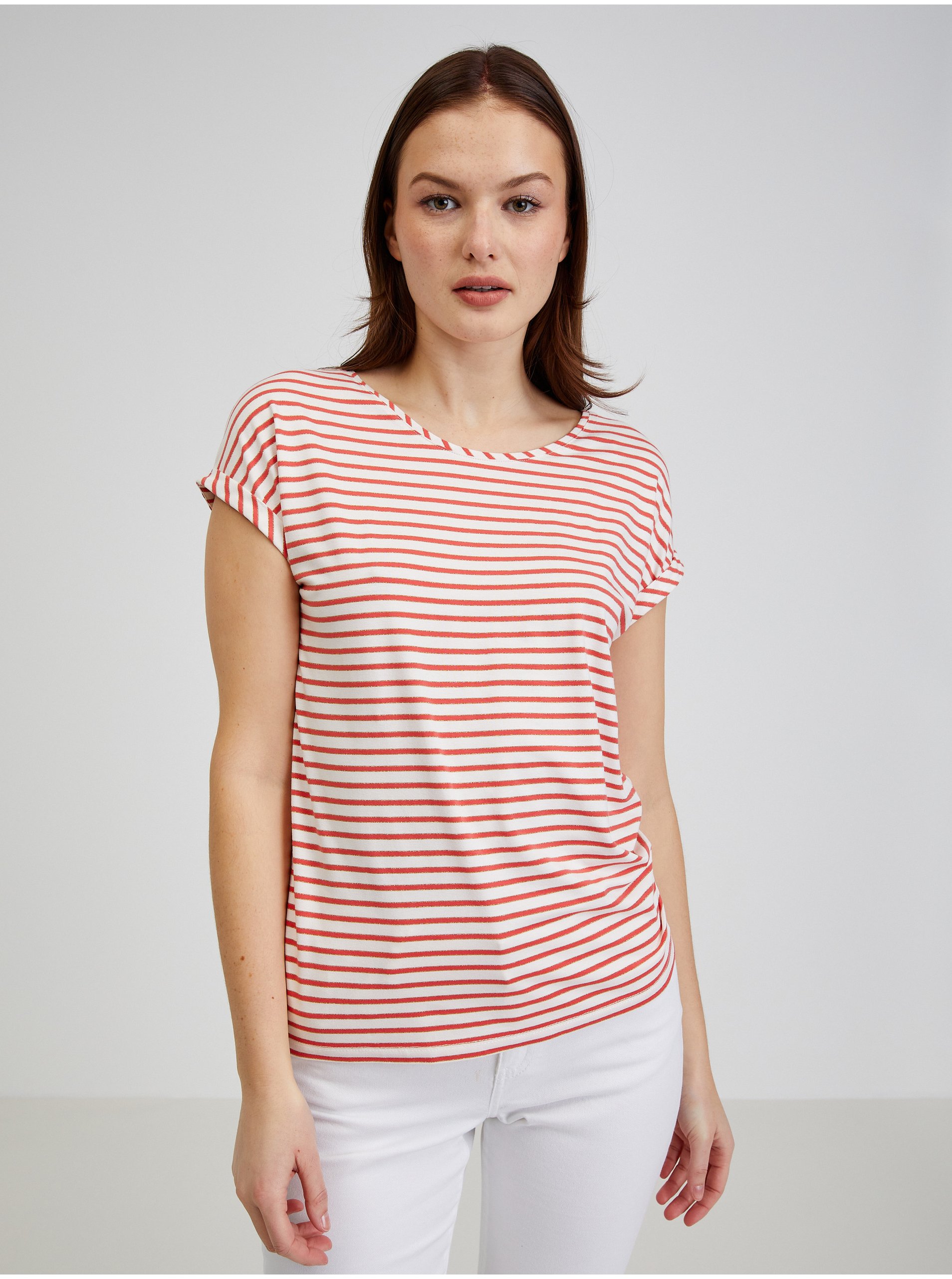 Lacno Červeno-biele dámske pruhované tričko ORSAY