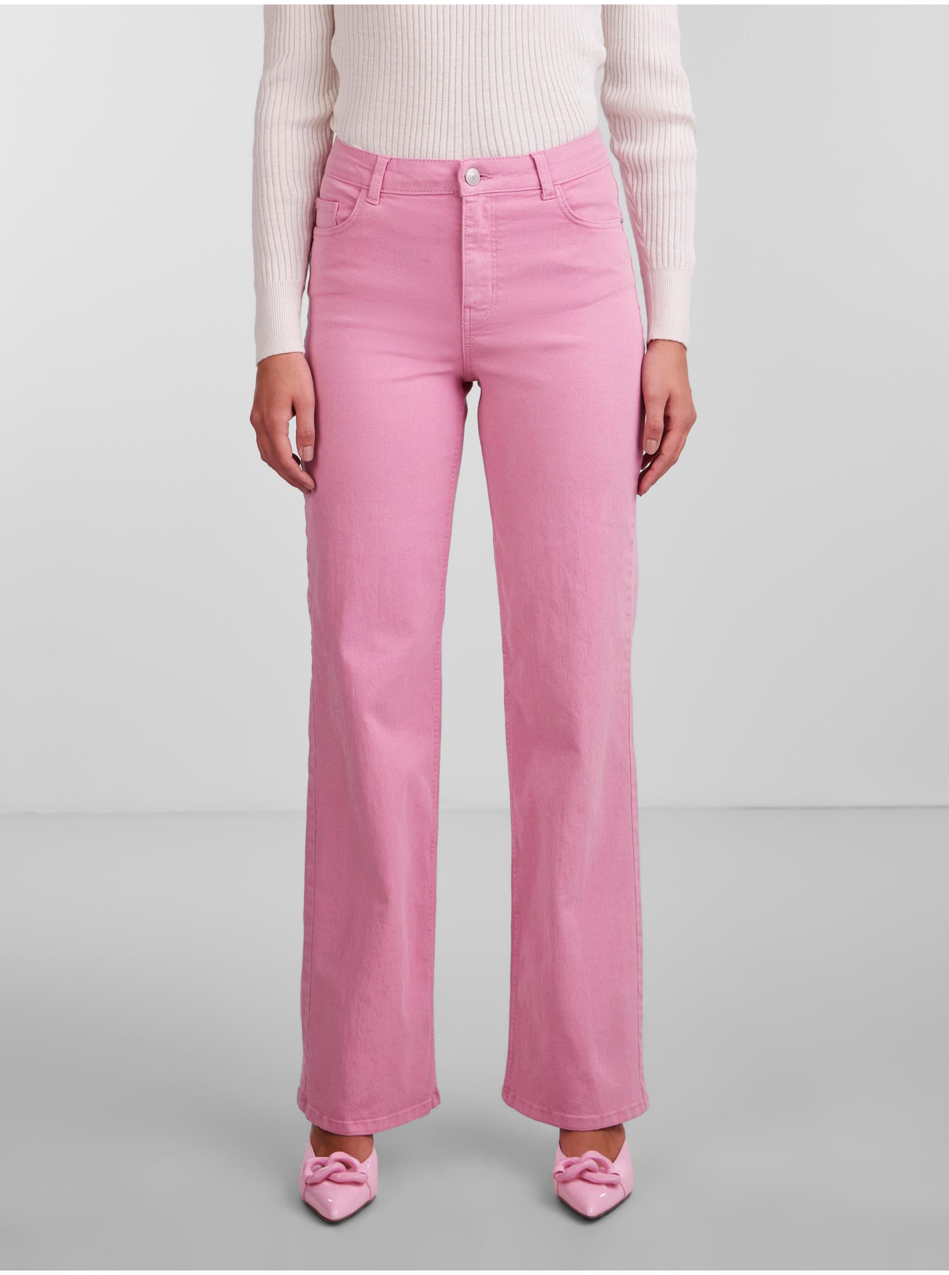 E-shop Růžové dámské široké džíny Pieces Peggy