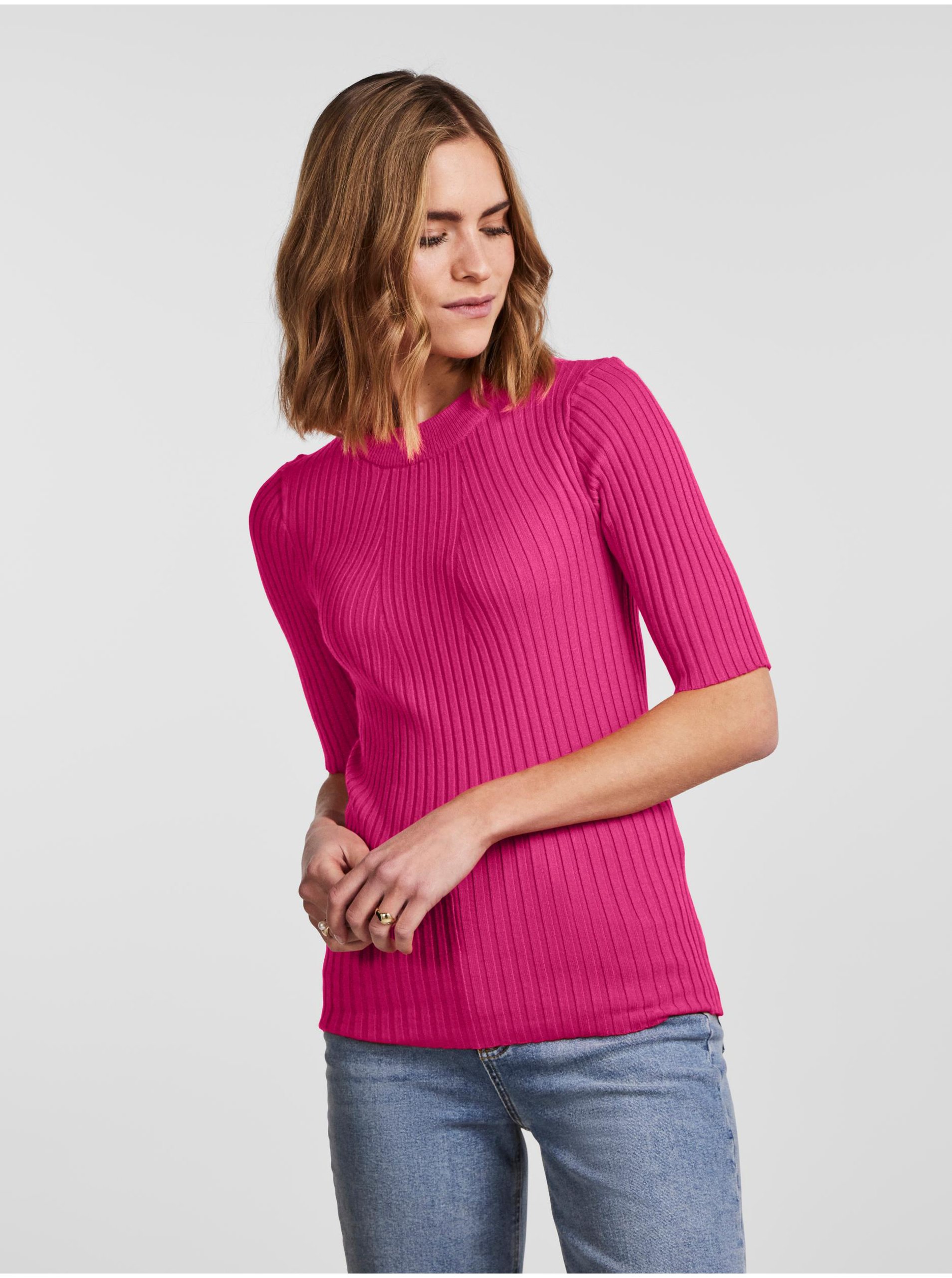 E-shop Tmavě růžový dámský žebrovaný lehký svetr Pieces Crista