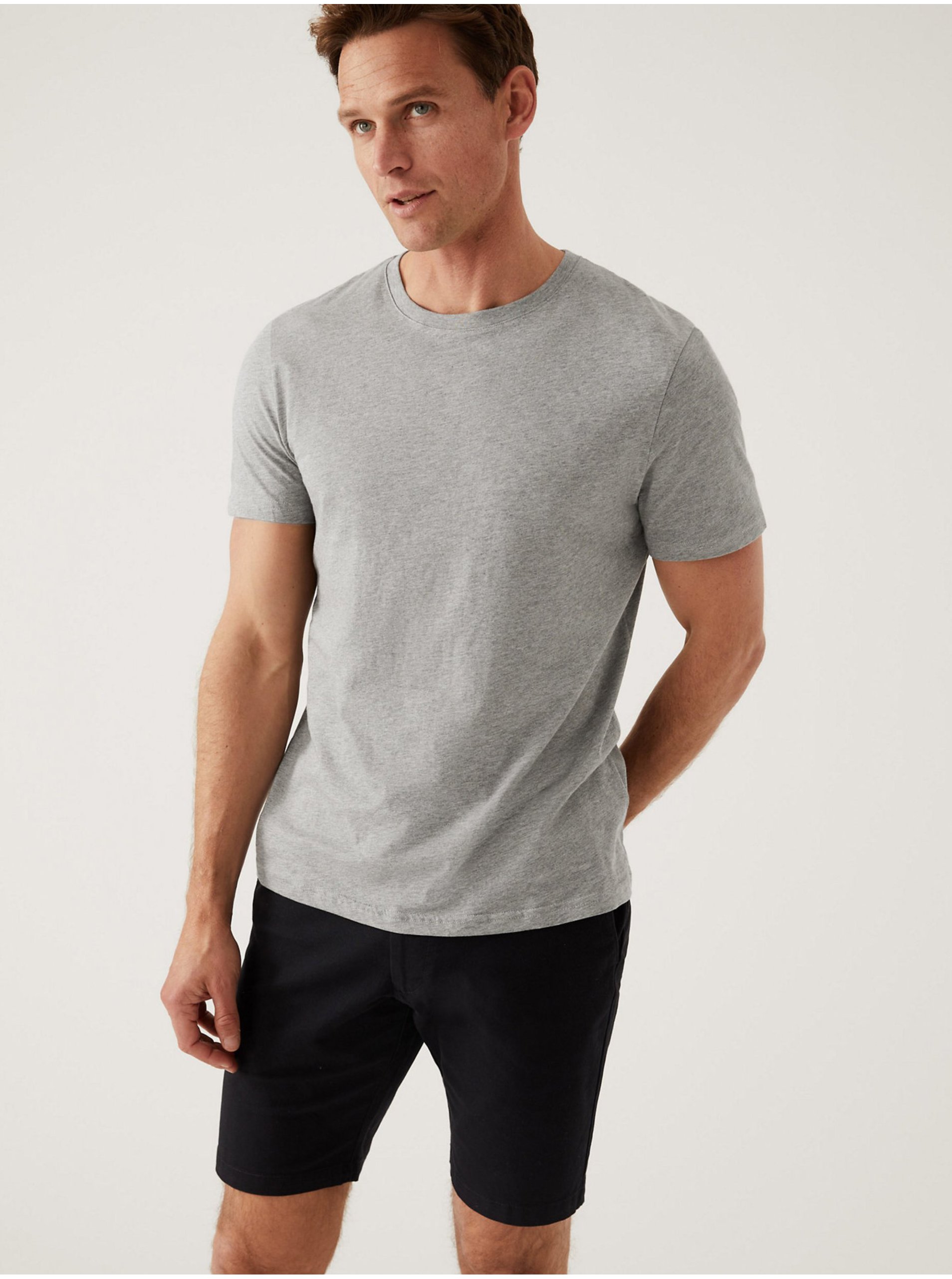 Levně Šedé pánské bavlněné basic tričko Marks & Spencer
