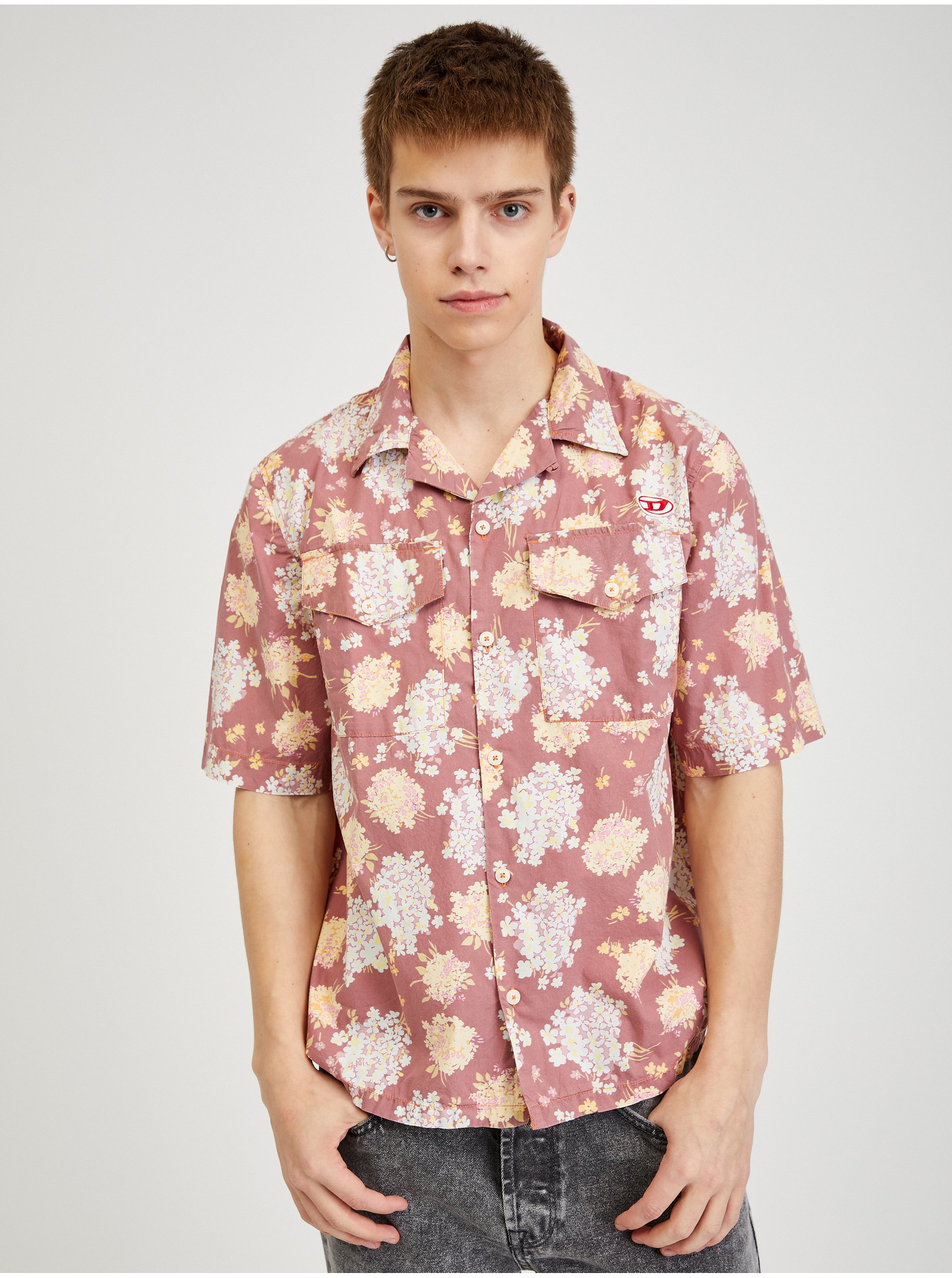 E-shop Starorůžová pánská květovaná košile Diesel