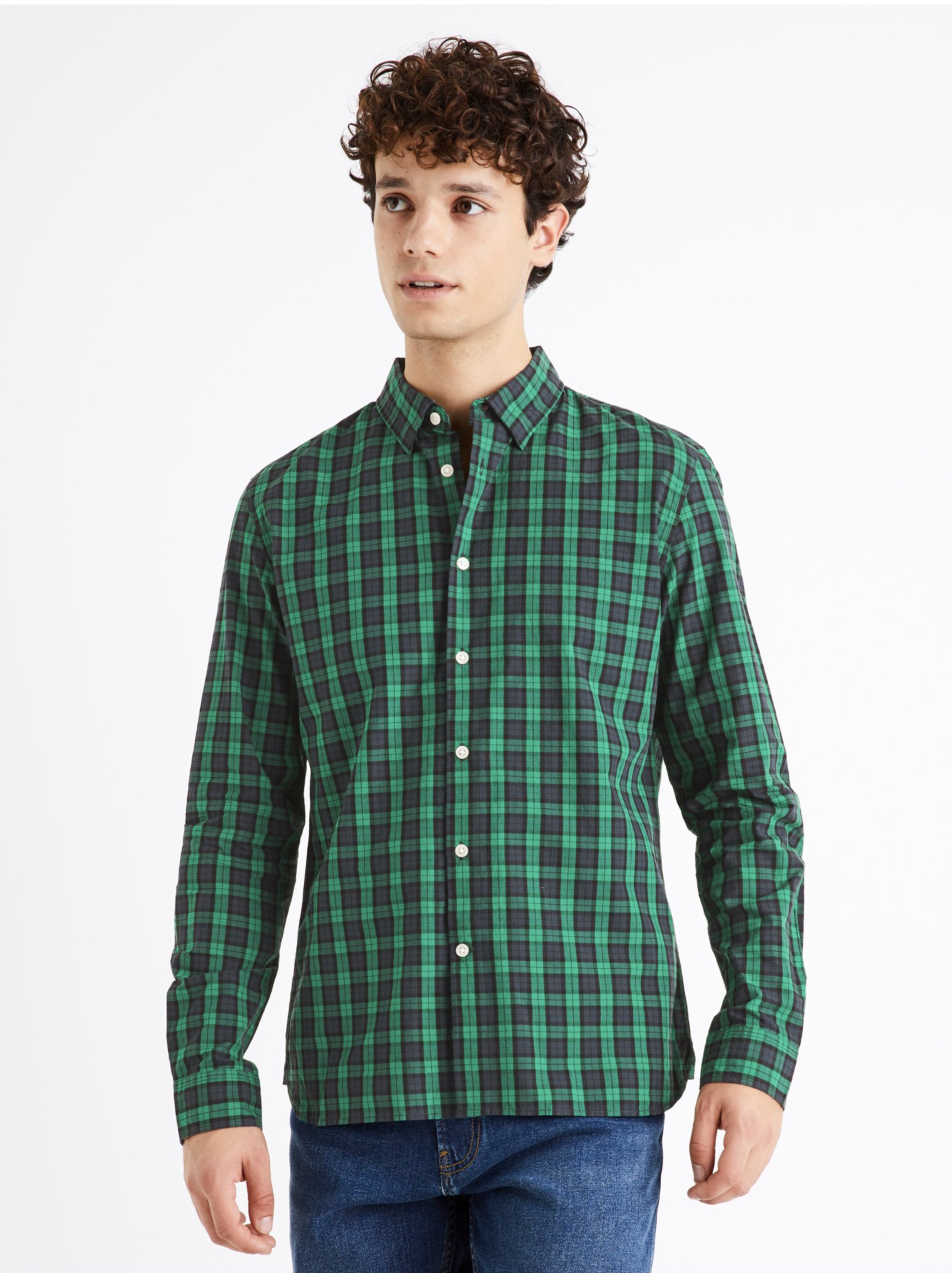 E-shop Černo-zelená pánská kostkovaná košile Celio Dawayne