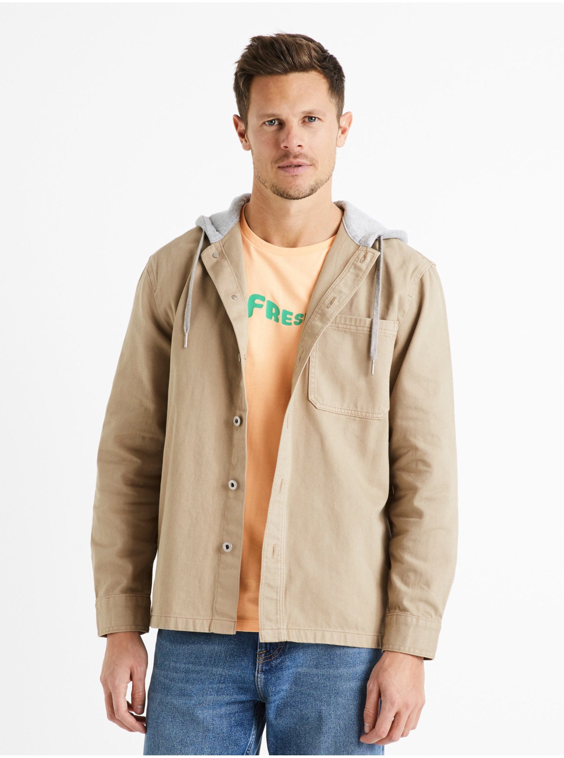 E-shop Béžová pánská svrchní košile s kapucí Dadenim Celio