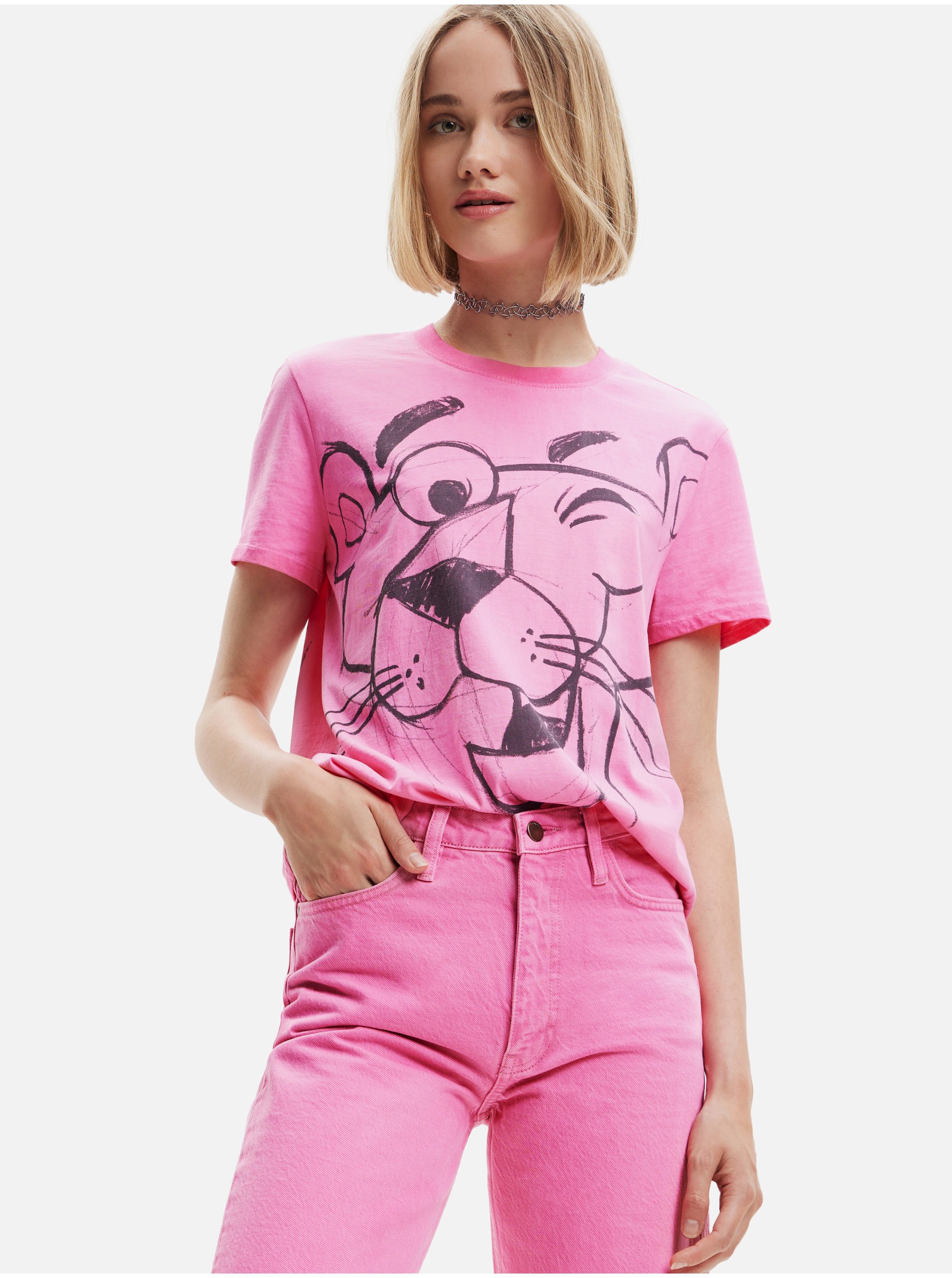 Levně Růžové dámské tričko Desigual Pink Panther Smile