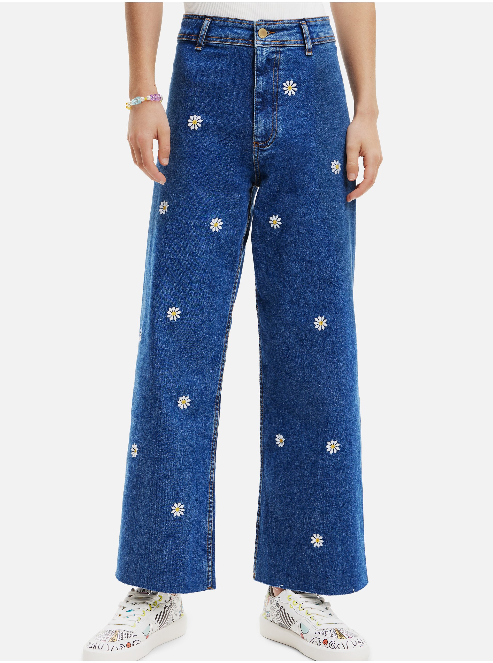 Lacno Modré dámske široké kvetované džínsy Desigual Ideas