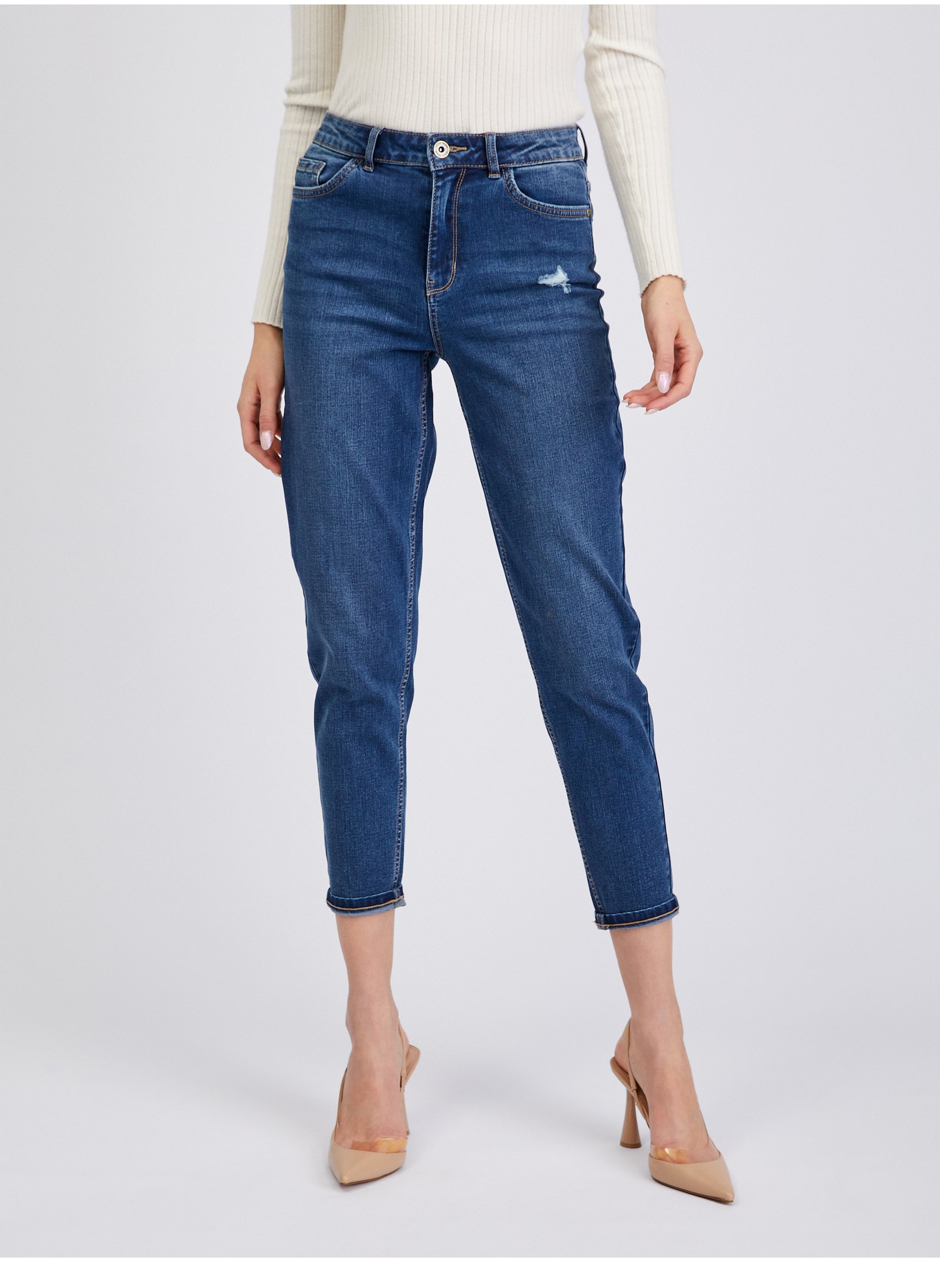 E-shop Tmavě modré dámské zkrácené mom fit džíny ORSAY