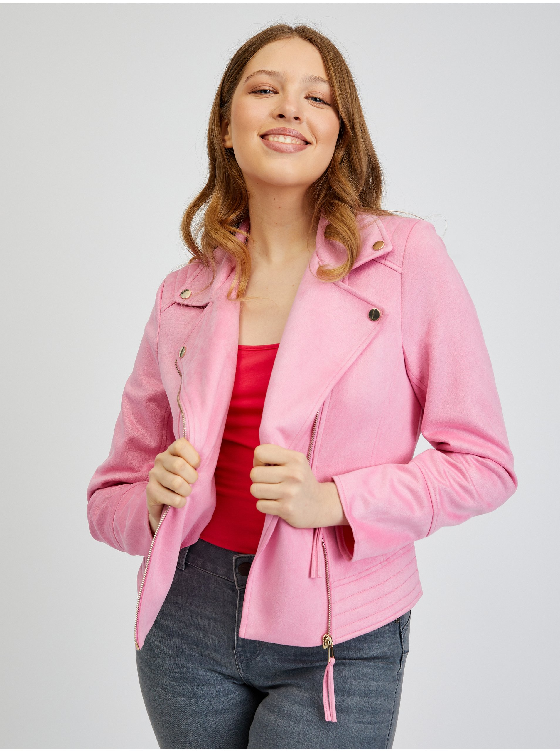 Levně Růžová dámská koženková bunda v semišové úpravě ORSAY