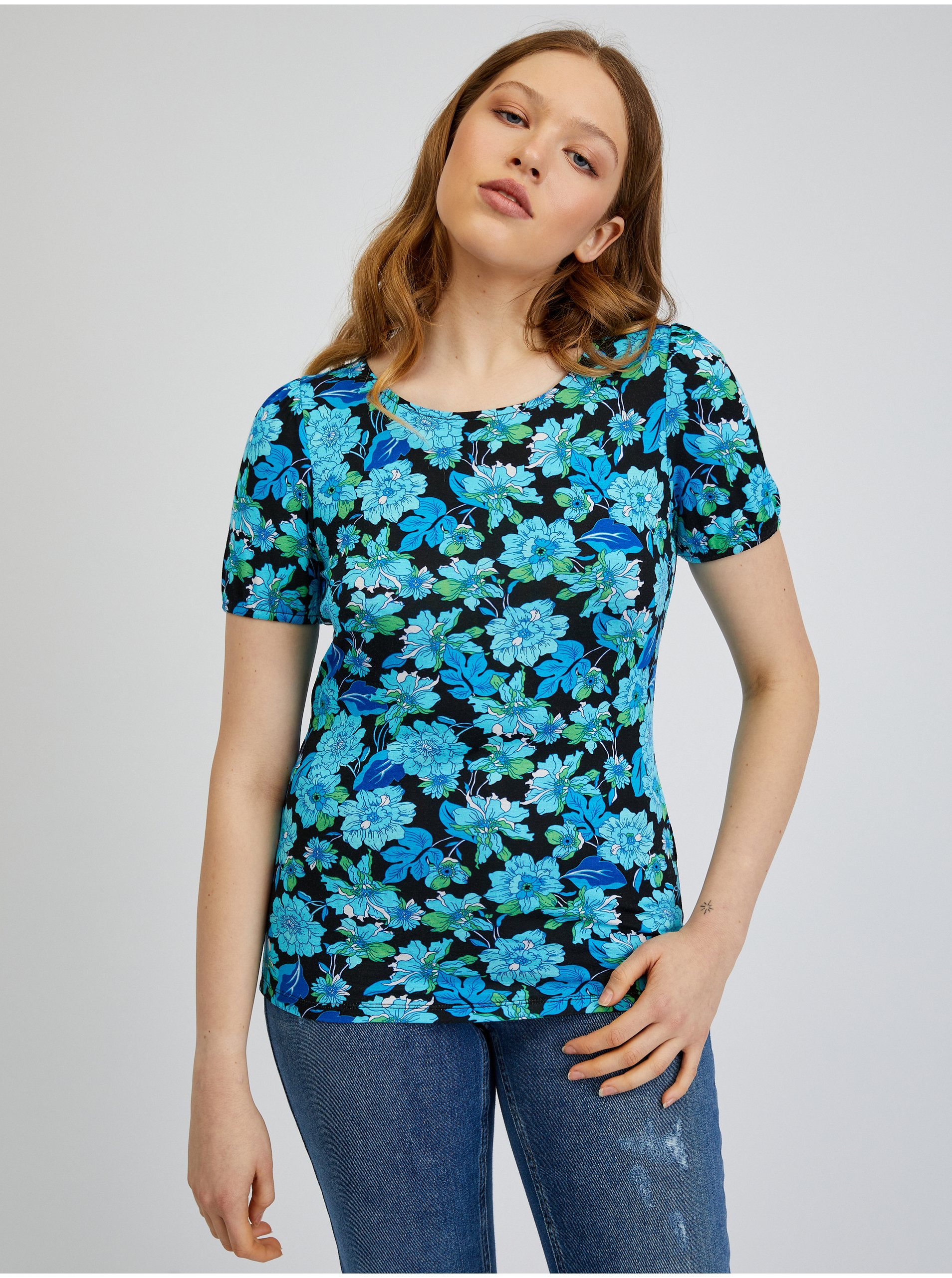 Levně Modro-černé dámské květované tričko ORSAY