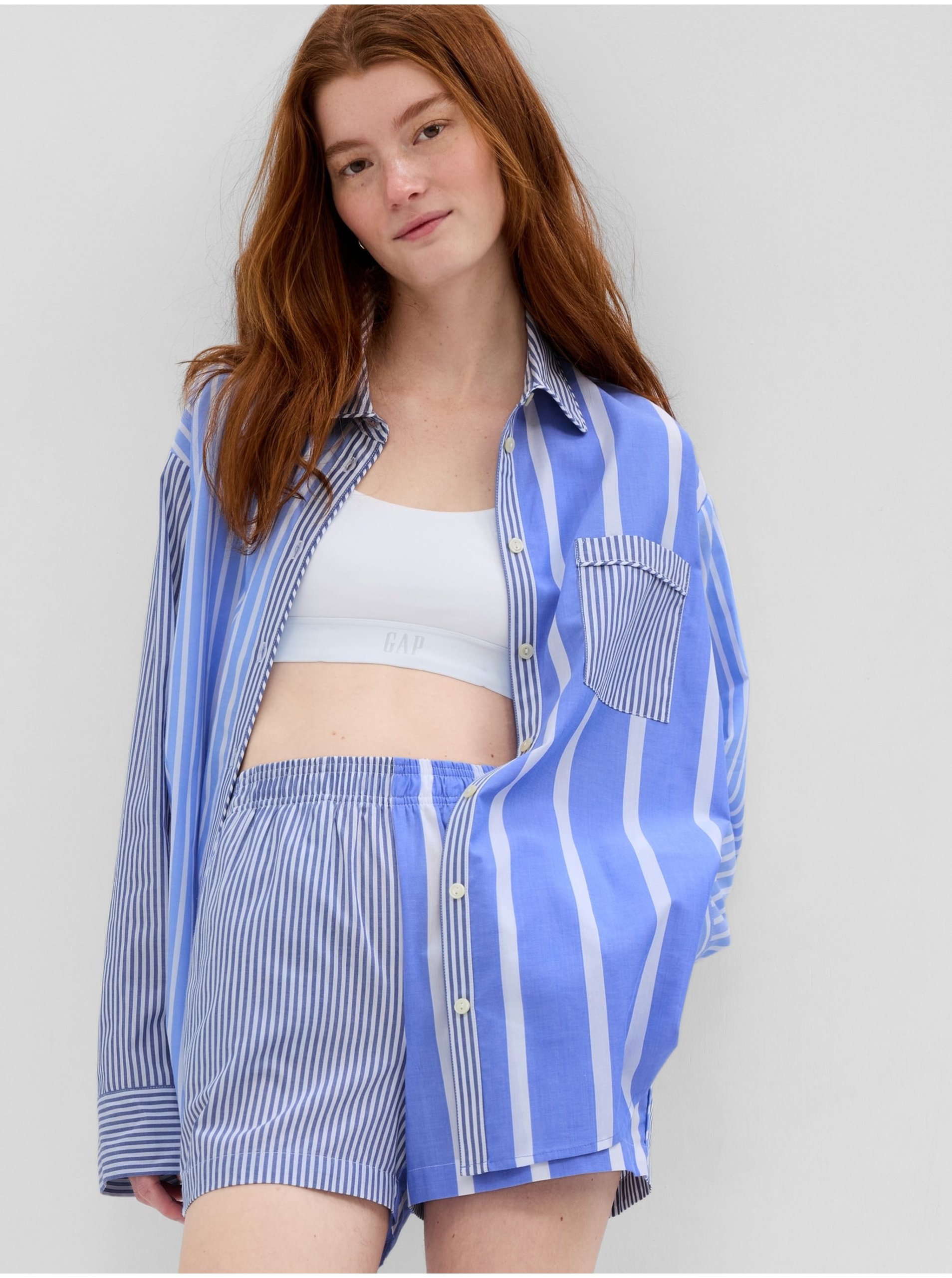 Lacno Modrá dámska pruhovaná pyžamová košeľa GAP