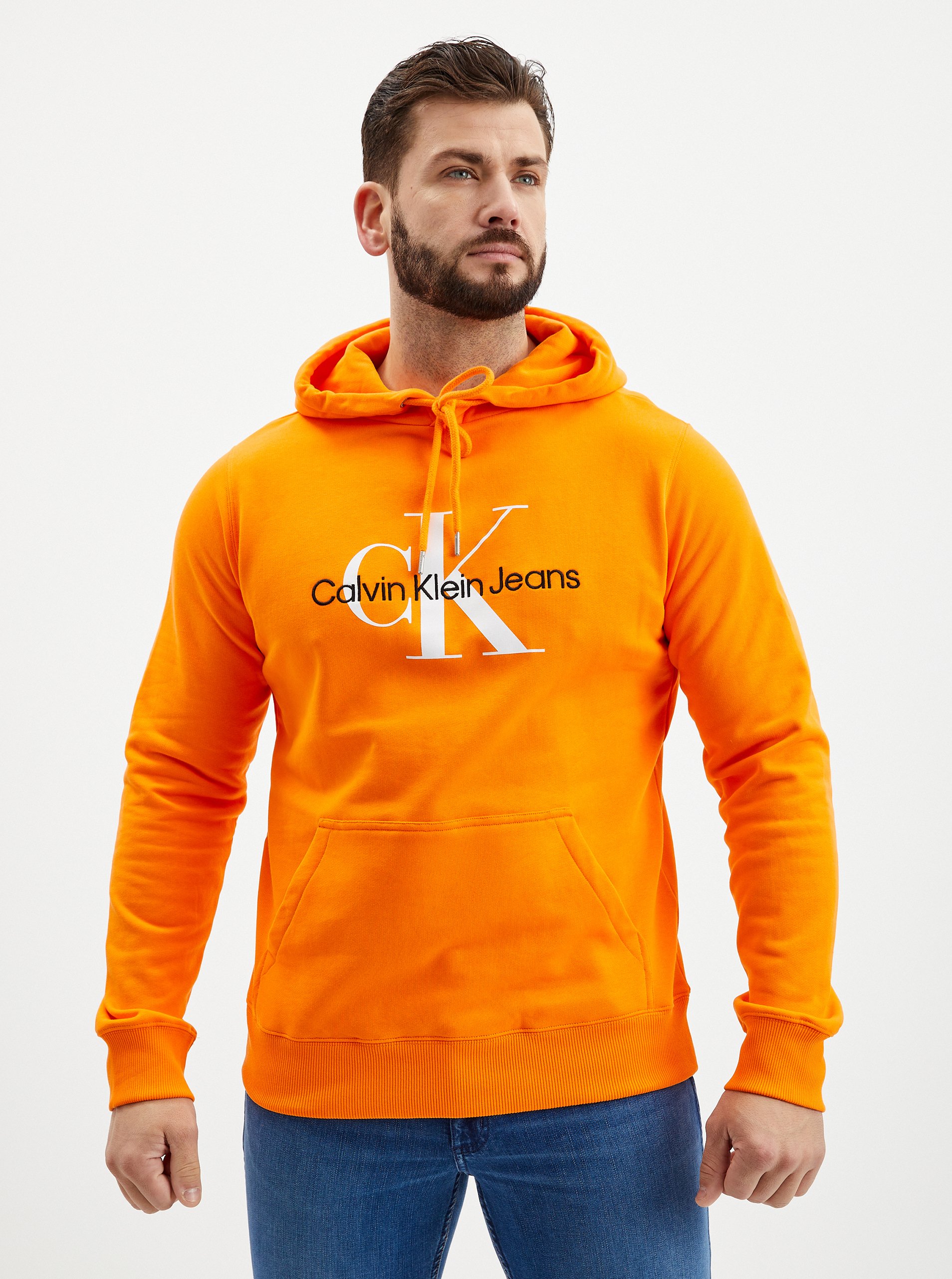 Lacno Oranžová pánska mikina s kapucňou Calvin Klein Jeans