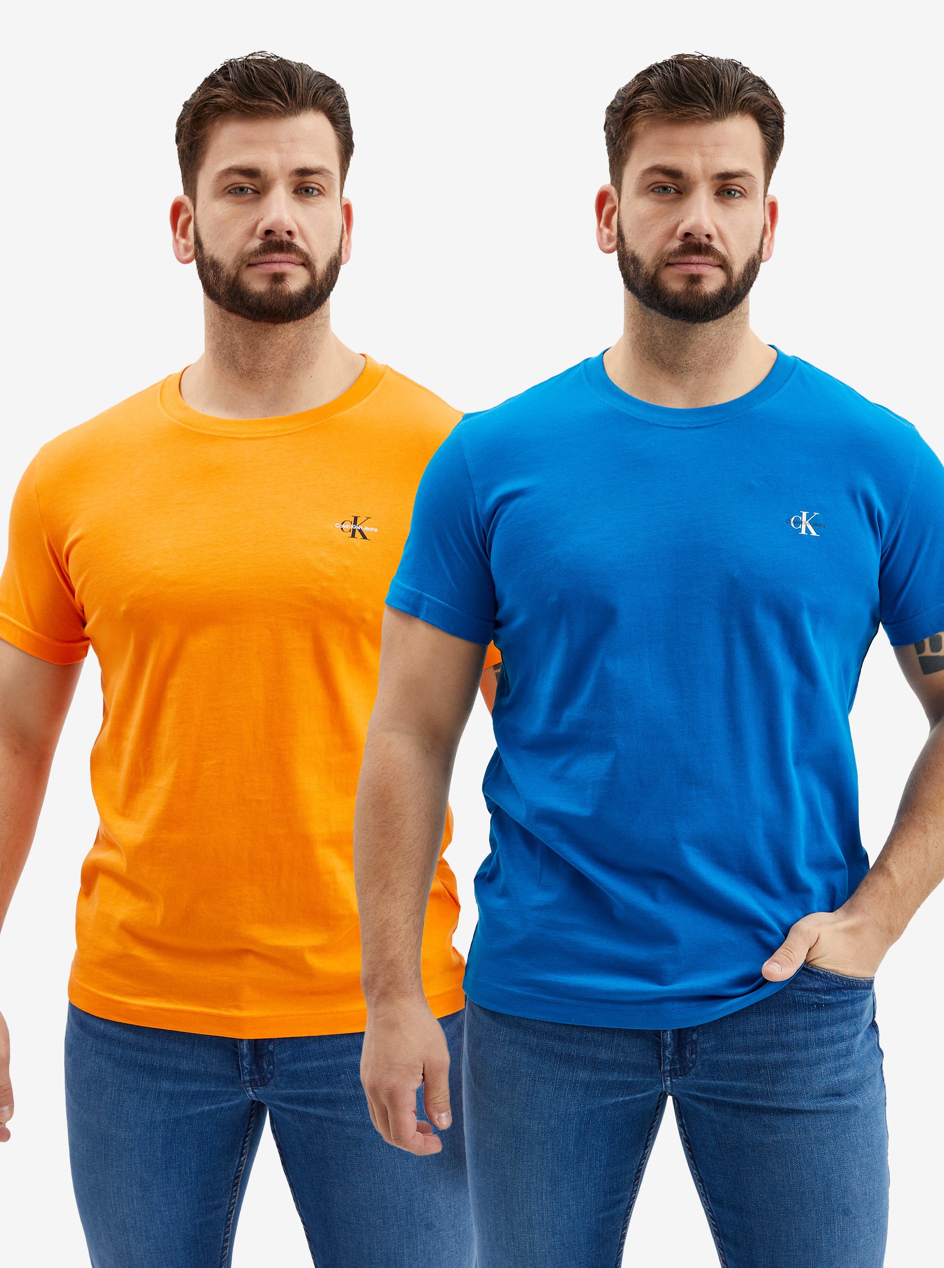 Lacno Súprava dvoch pánskych tričiek v oranžovej a modrej farbe Calvin Klein Jeans