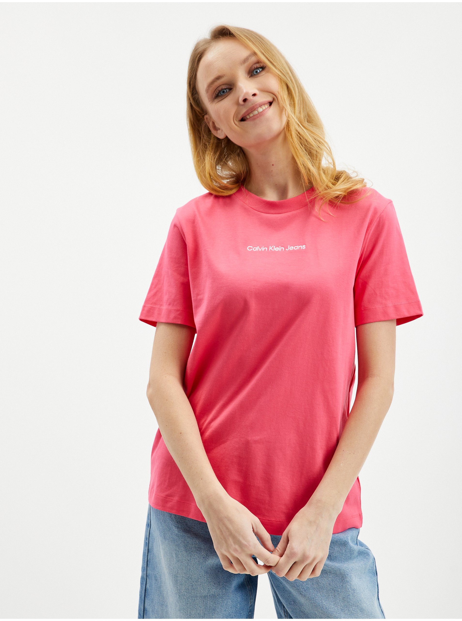 Levně Růžové dámské tričko Calvin Klein Jeans