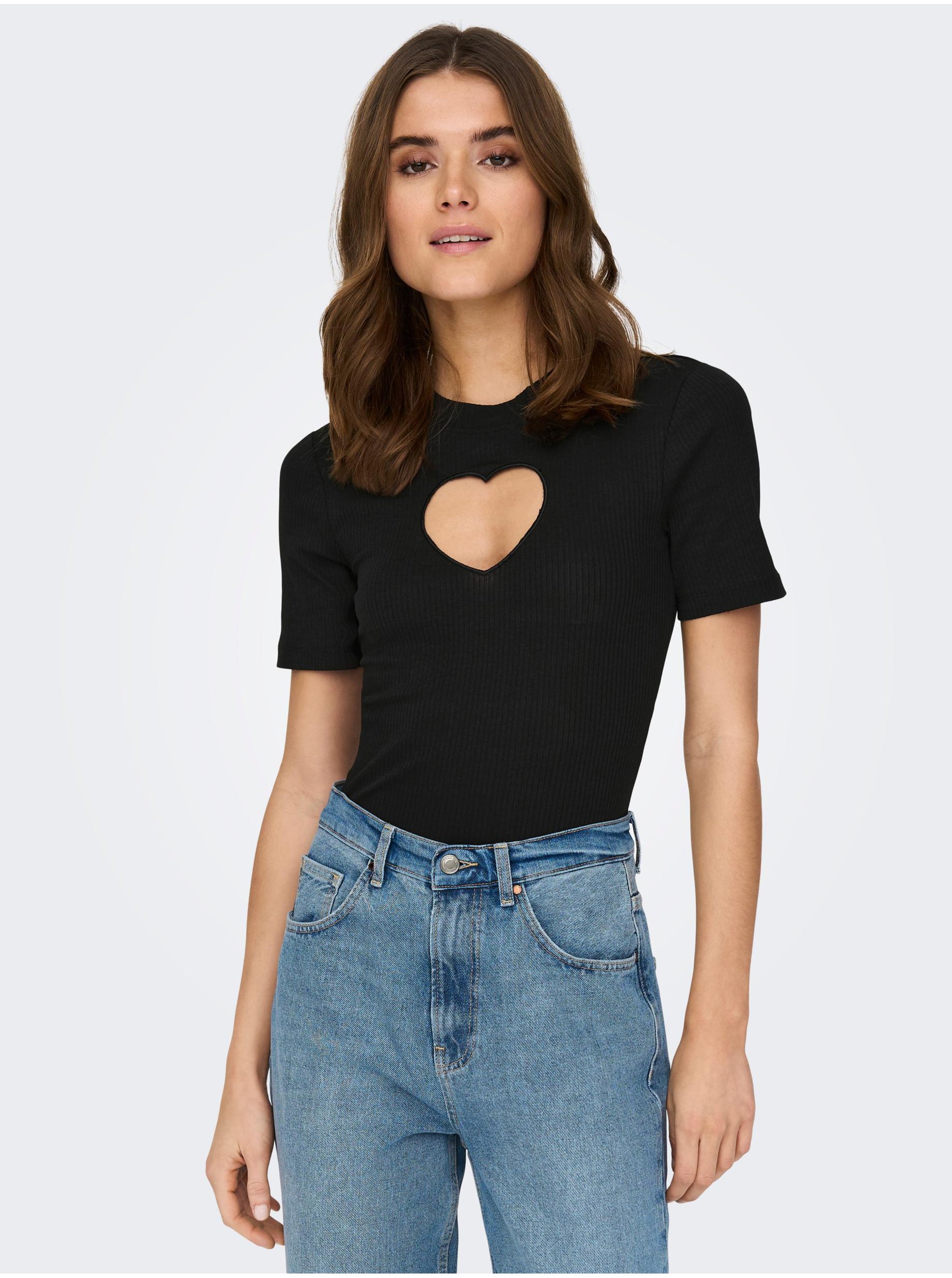 E-shop Černé žebrované tričko s ozdobným průstřihem ONLY Randi