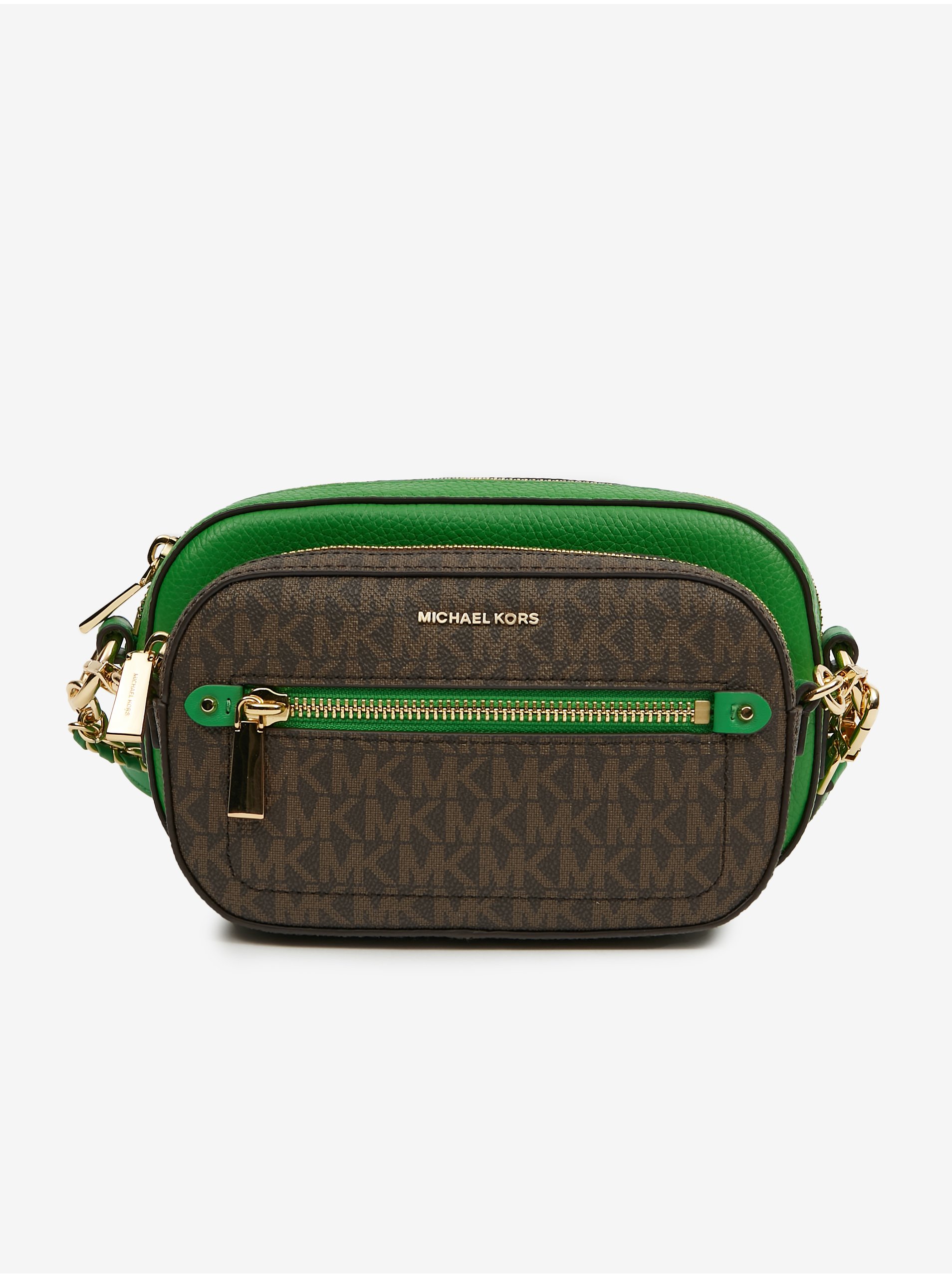 Levně Hnědo-zelená dámská kožená crossbody kabelka Michael Kors