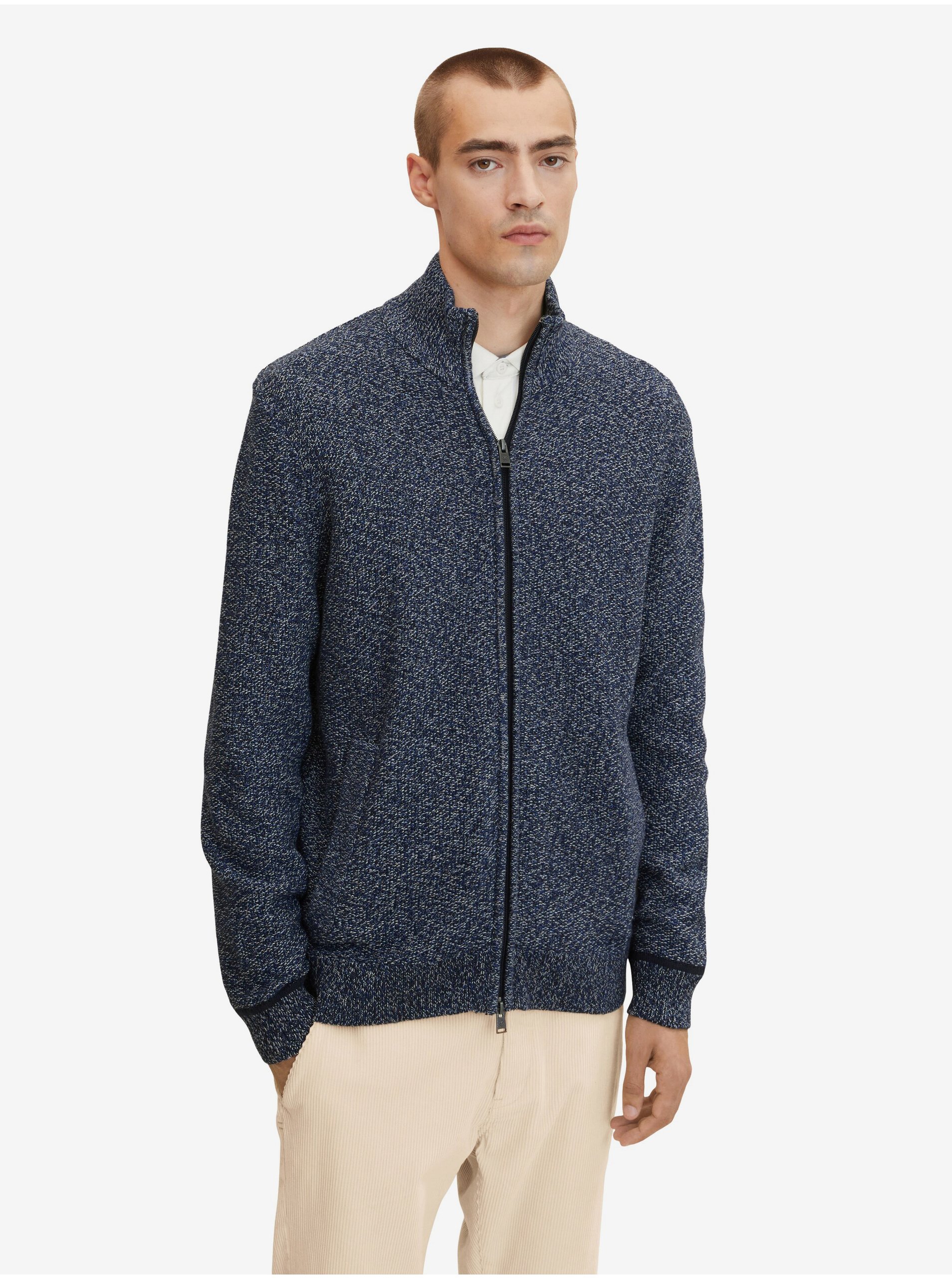 Lacno Tmavo modrý pánsky melírovaný sveter na zips Tom Tailor