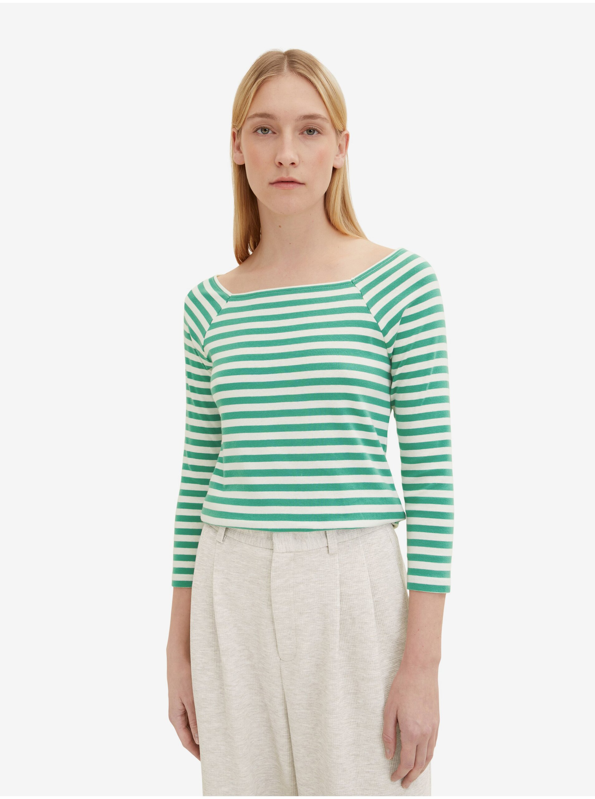 E-shop Svetlo zelené dámske pruhované tričko s dlhým rukávom Tom Tailor