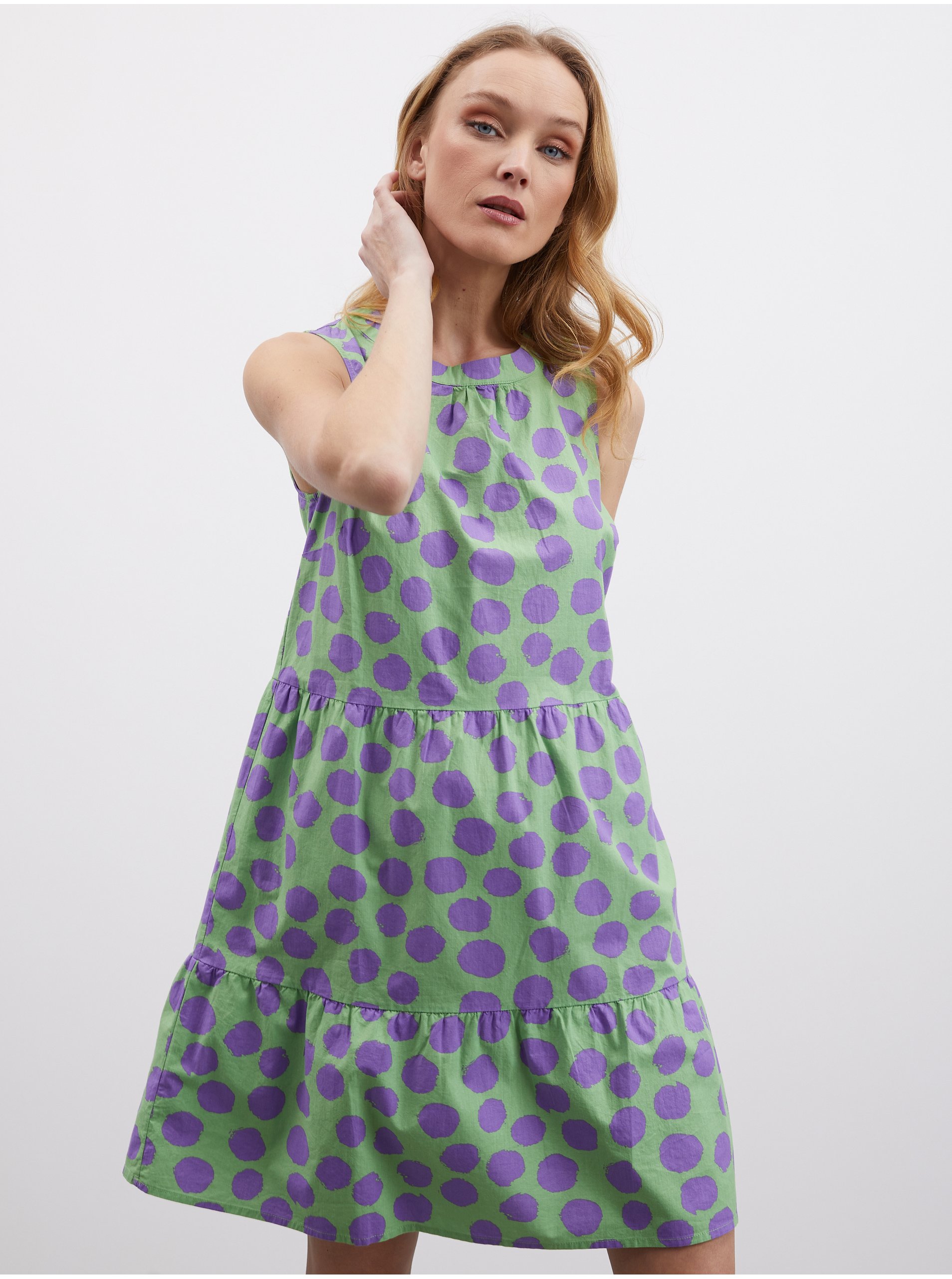 Lacno Fialovo-zelené dámske bodkované volánové šaty ZOOT.lab Petronella