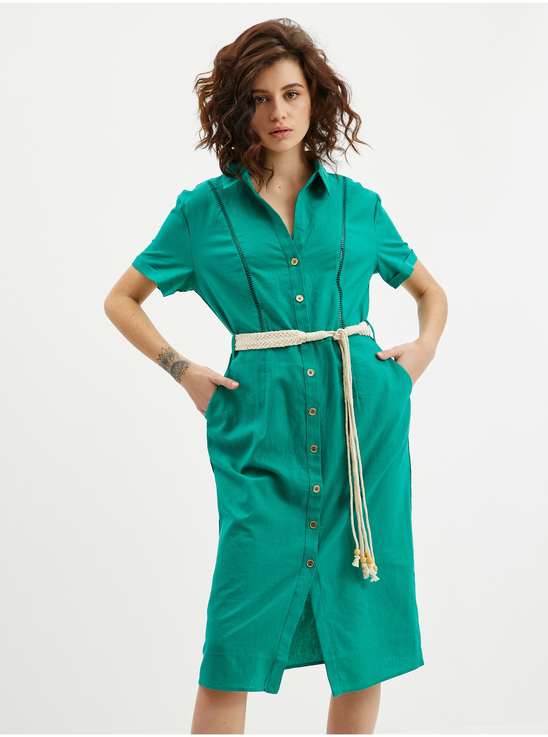 E-shop Zelené dámské lněné šaty ORSAY