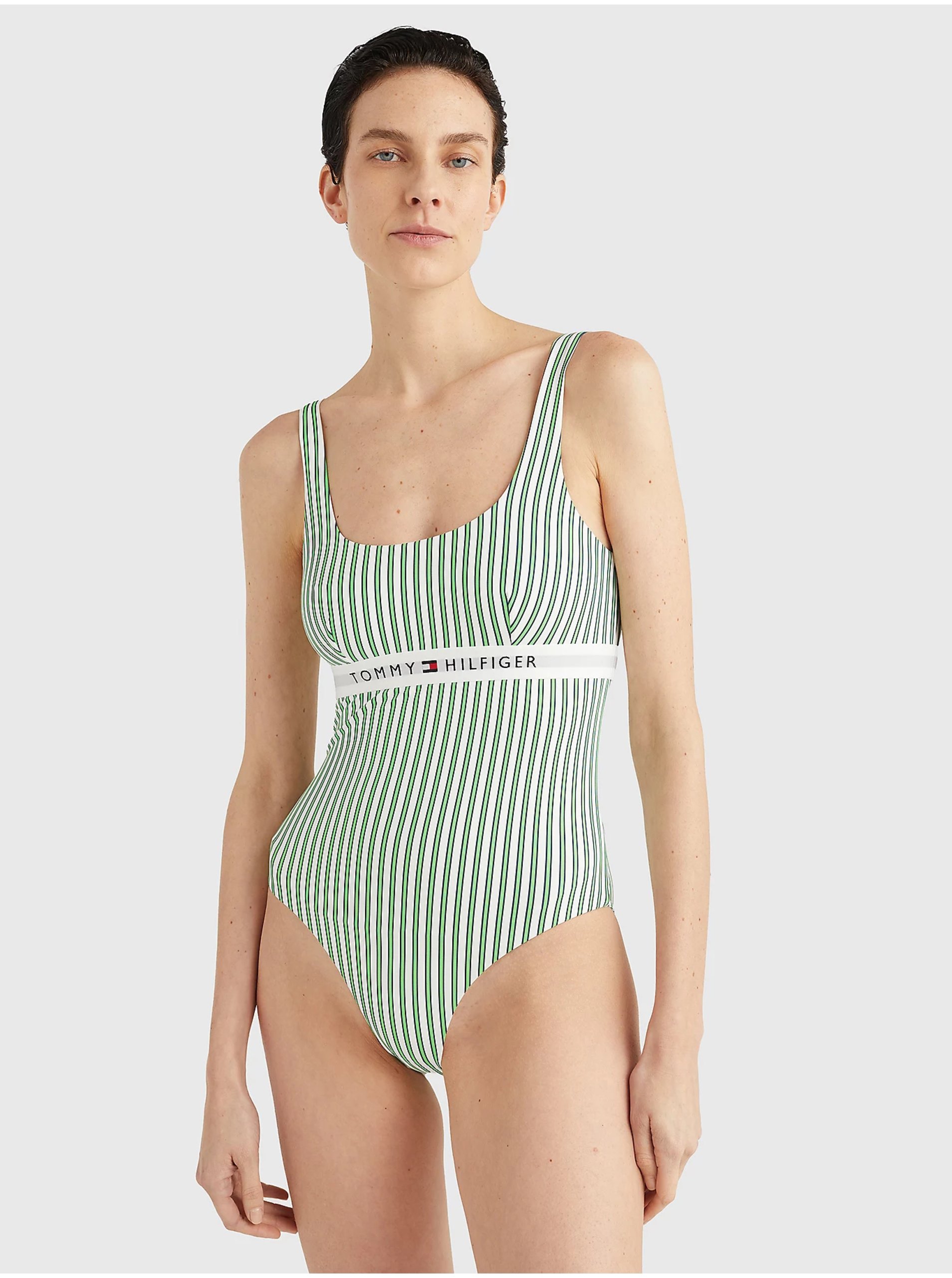 Levně Zelené dámské pruhované jednodílné plavky Tommy Hilfiger Underwear