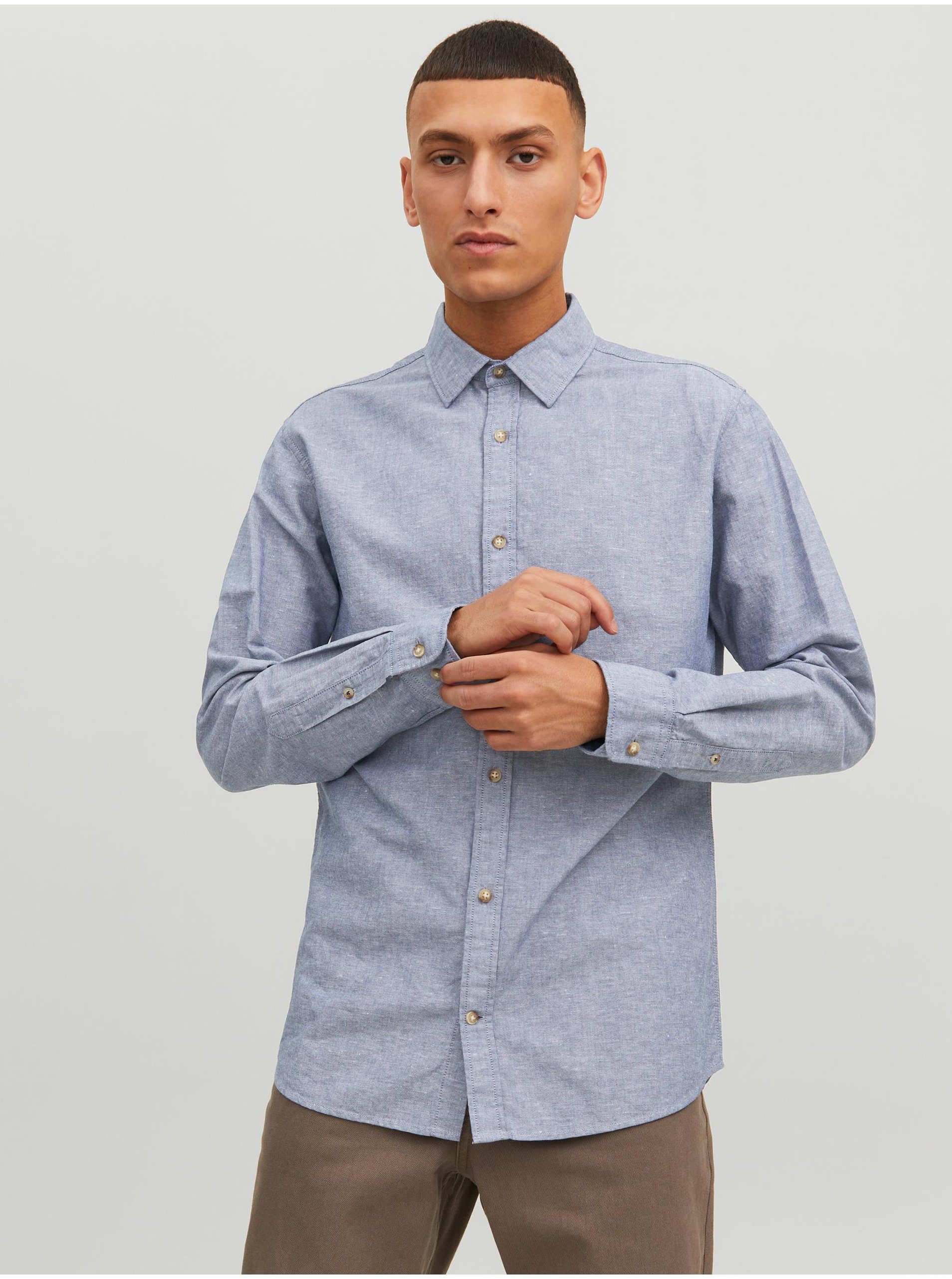 E-shop Modrá pánská žíhaná košile s příměsí lnu Jack & Jones Summer