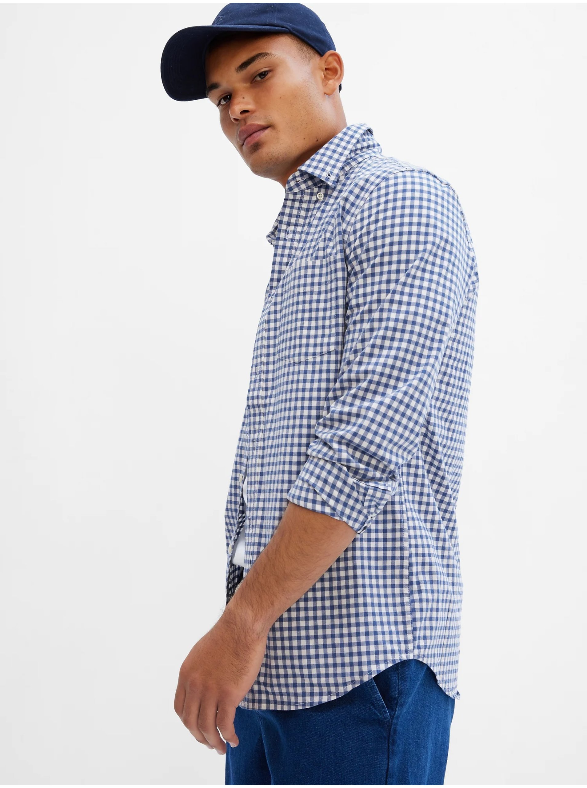 E-shop Modrá pánská kostkovaná košile GAP slim poplin stretch