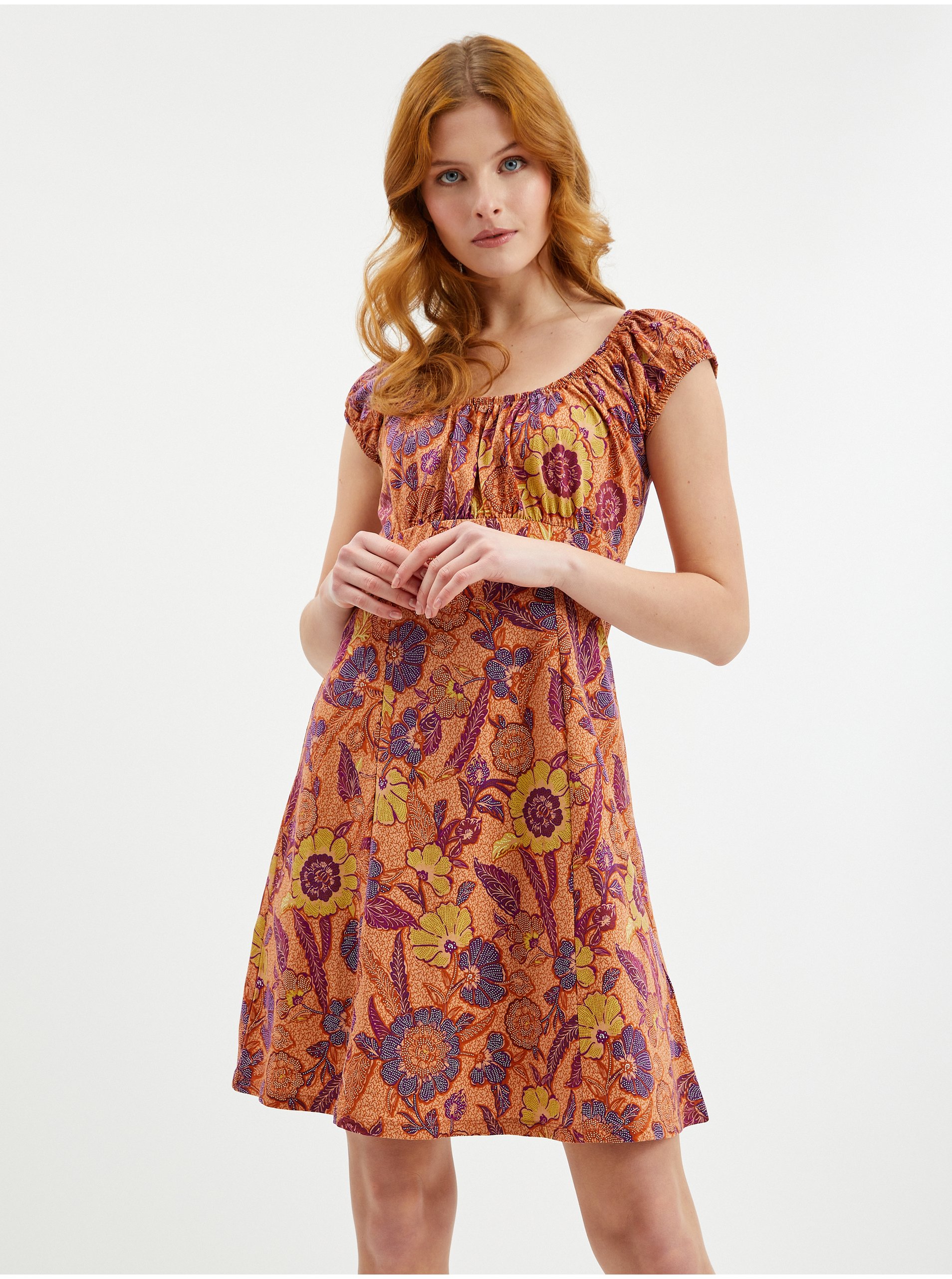 Levně Oranžové dámské květované šaty ORSAY