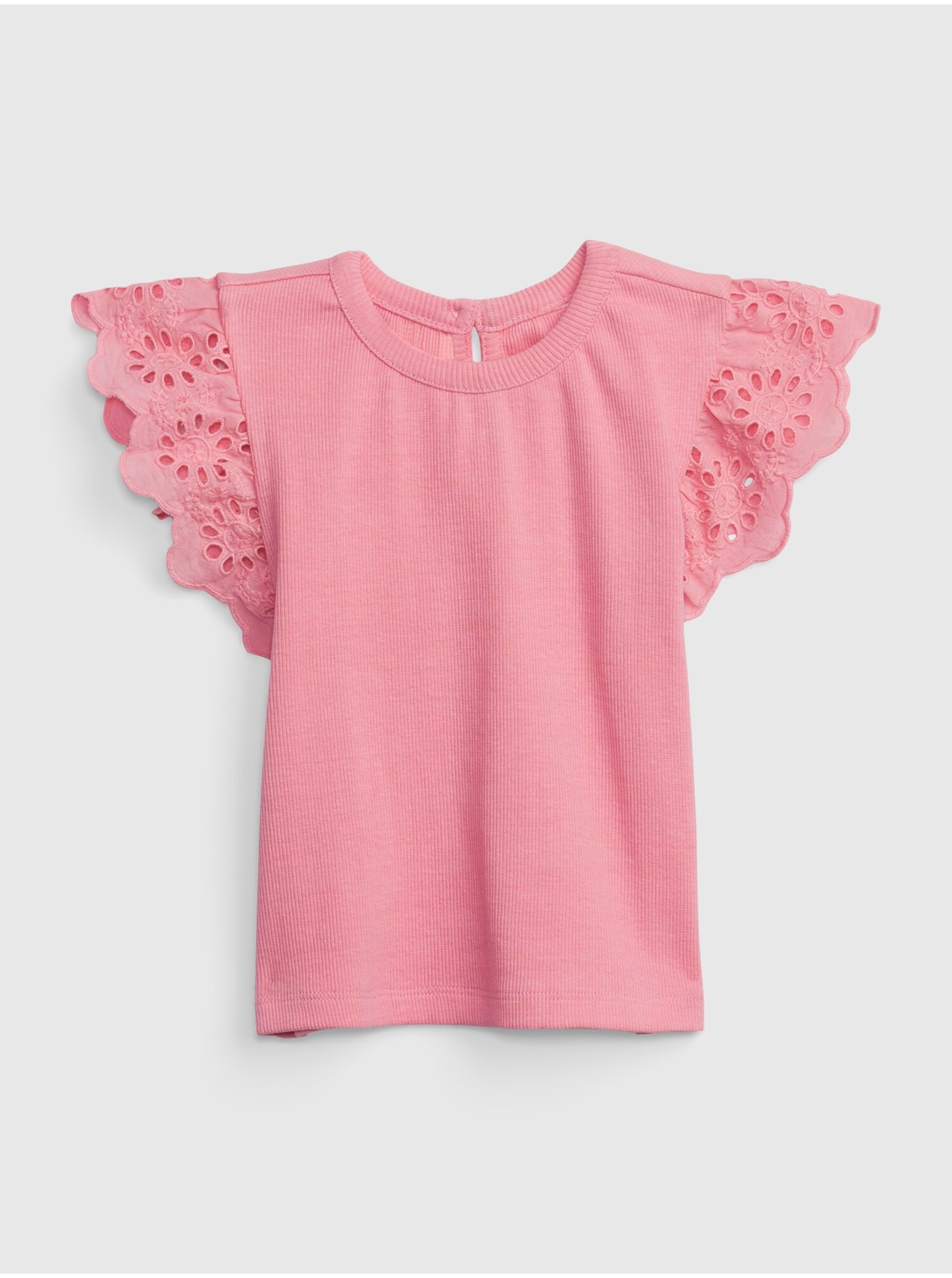 Levně Růžové holčičí bavlněné tričko s volány GAP