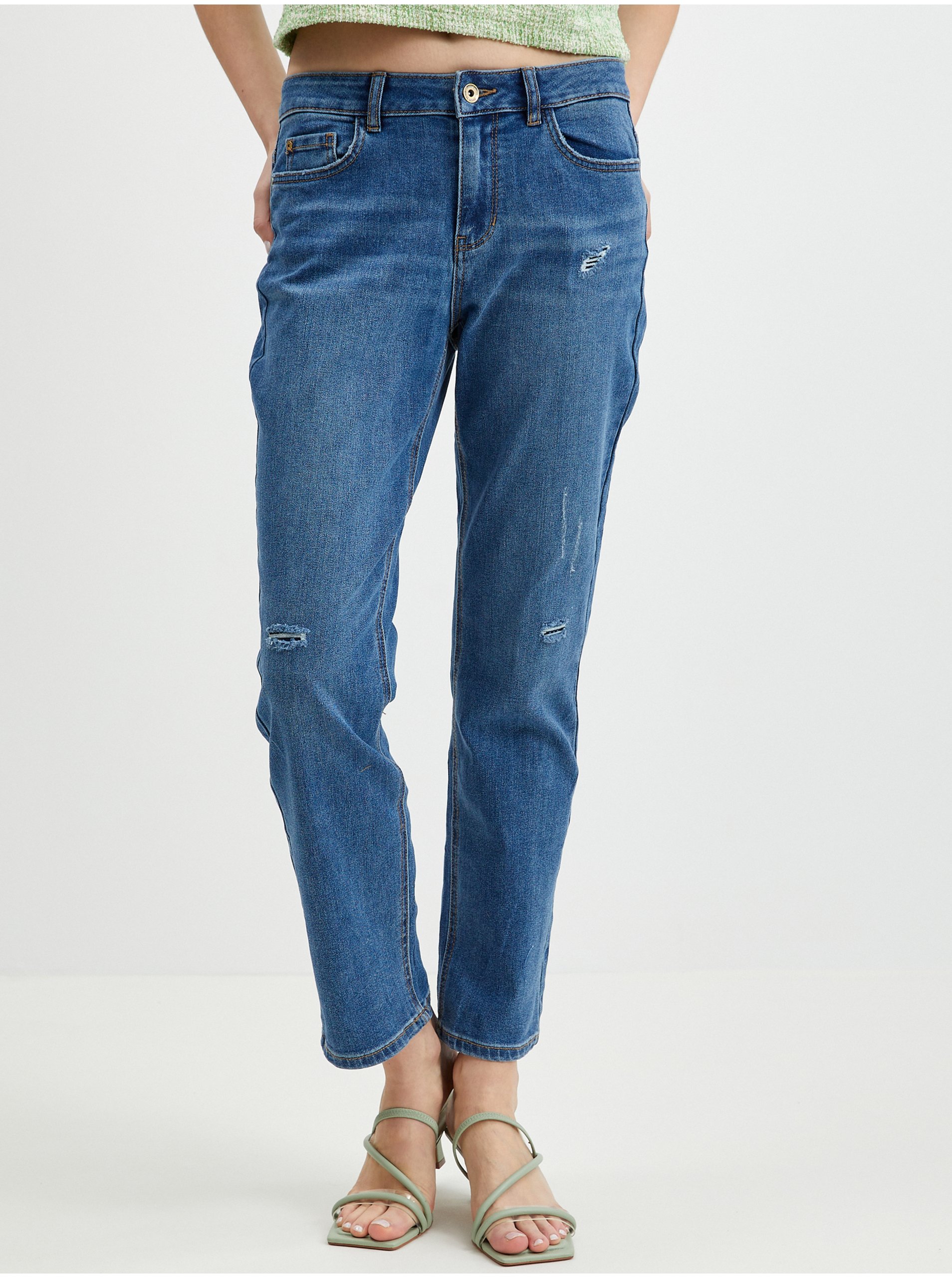 E-shop Tmavě modré dámské zkrácené straight fit džíny ORSAY