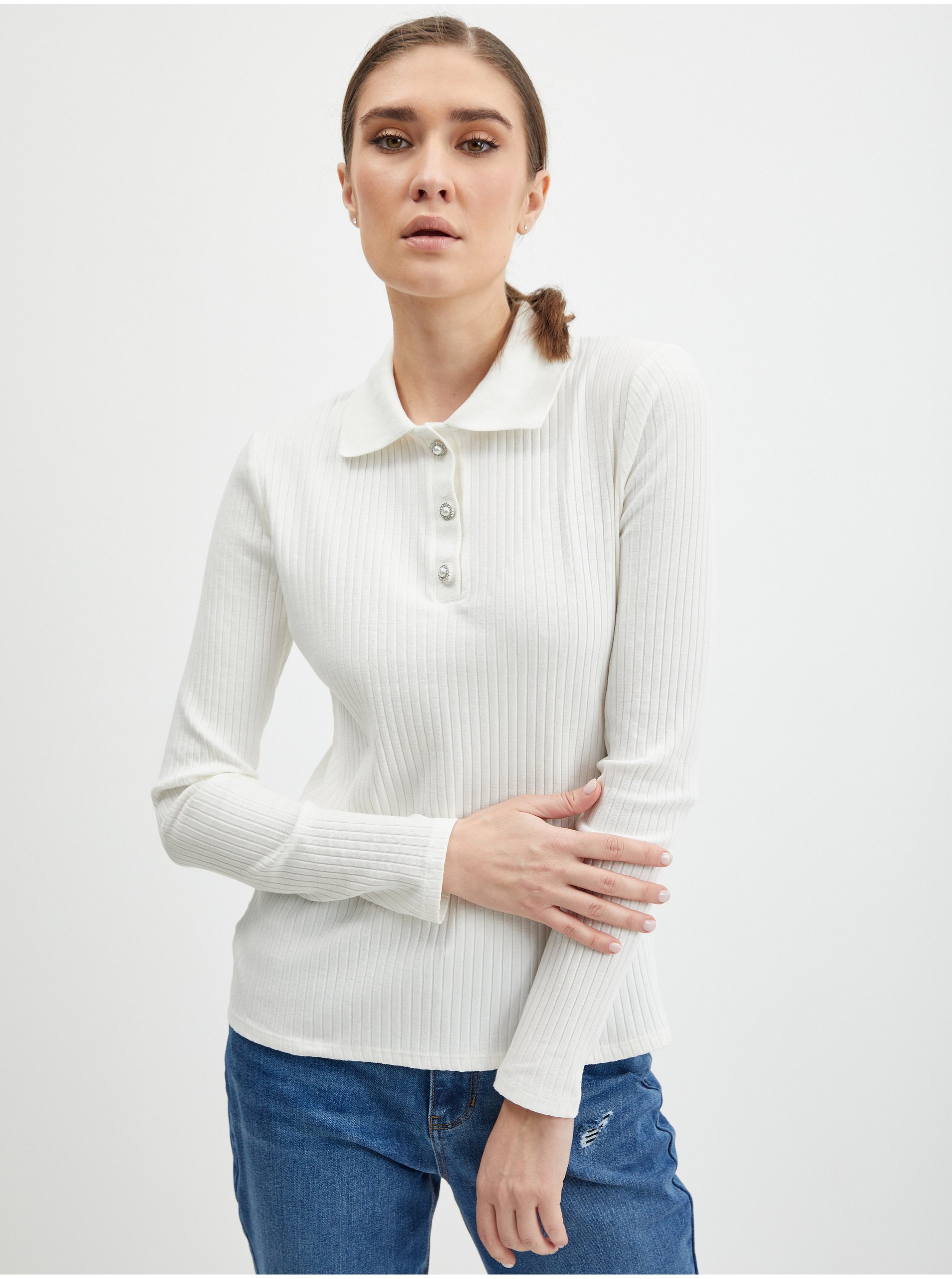 E-shop Biele dámske rebrované polo tričko ORSAY