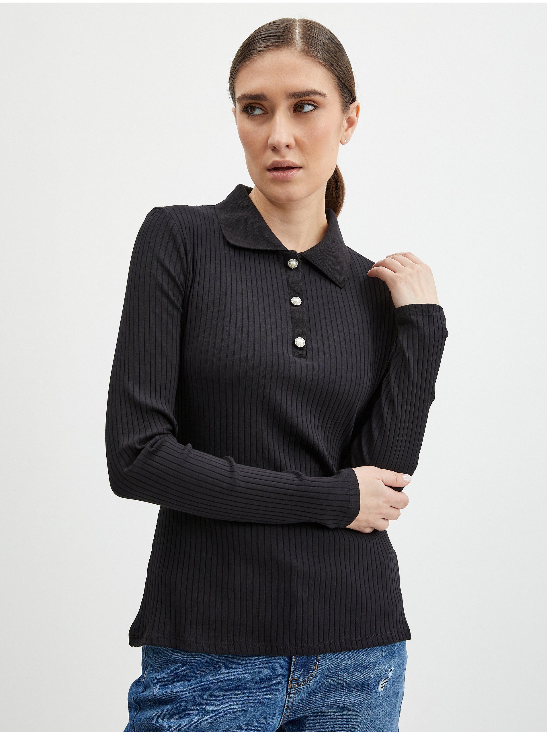 E-shop Čierne dámske rebrované polo tričko ORSAY