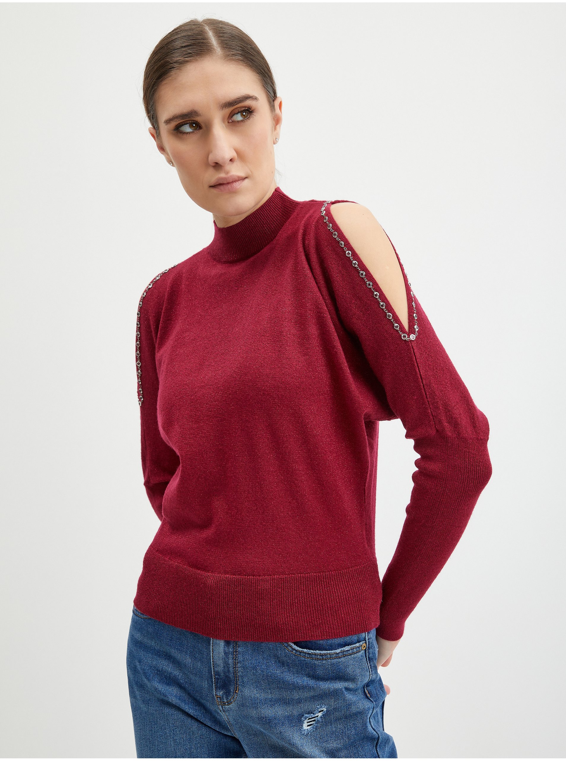 E-shop Vínový dámský svetr s průstřihy ORSAY