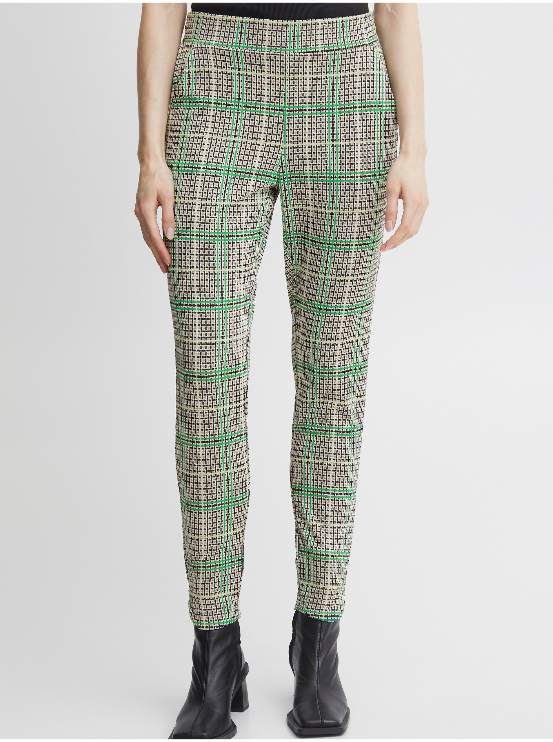 Levně Béžovo-zelené dámské kostkované kalhoty ICHI