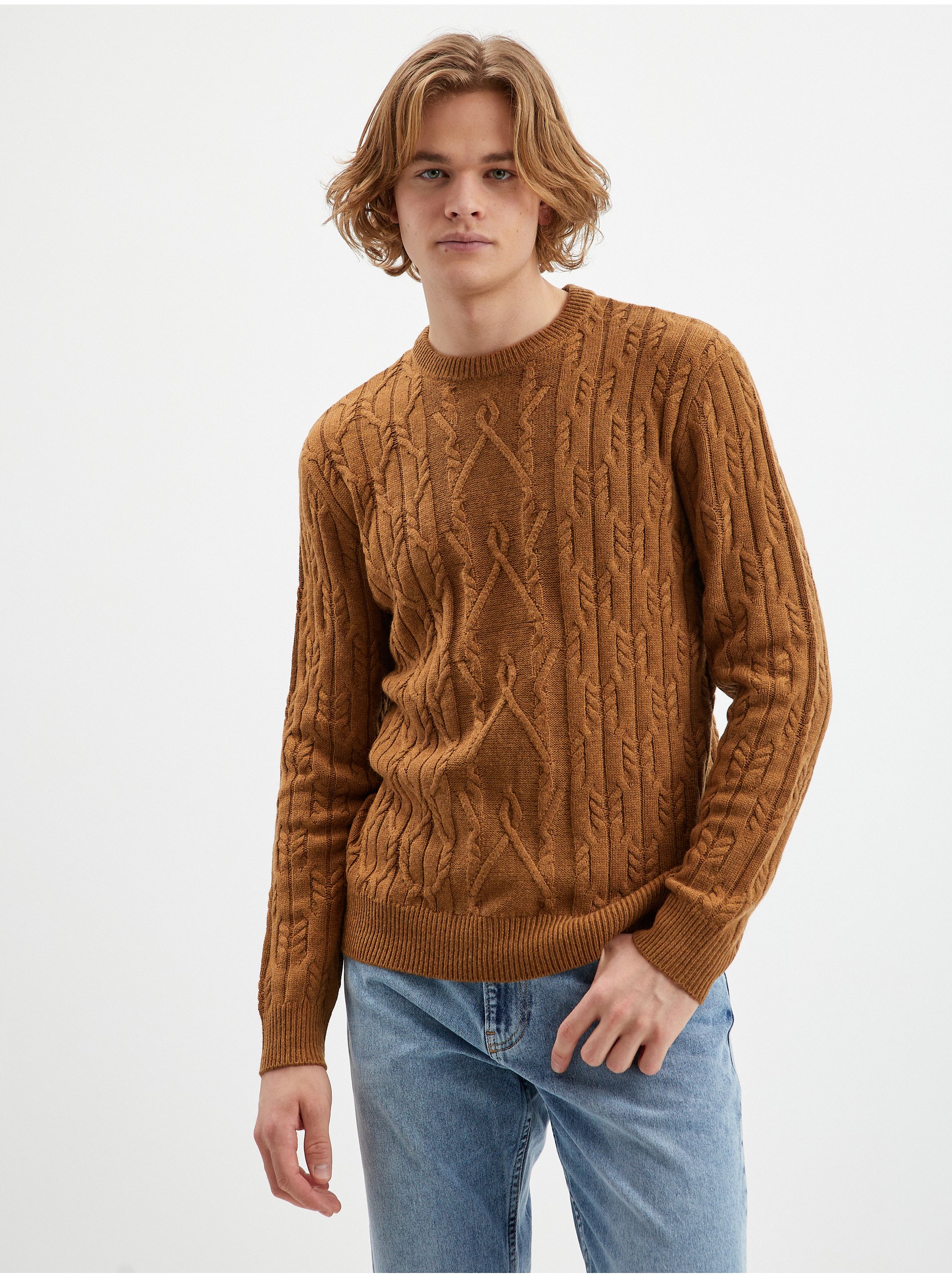 Levně Hnědý pánský svetr s příměsí vlny Tom Tailor