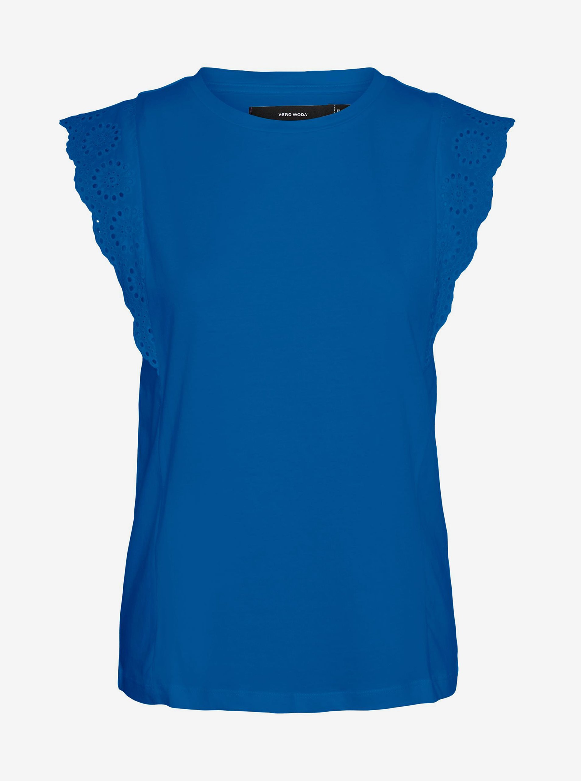 Levně Modré dámské tričko s krajkou VERO MODA Hollyn