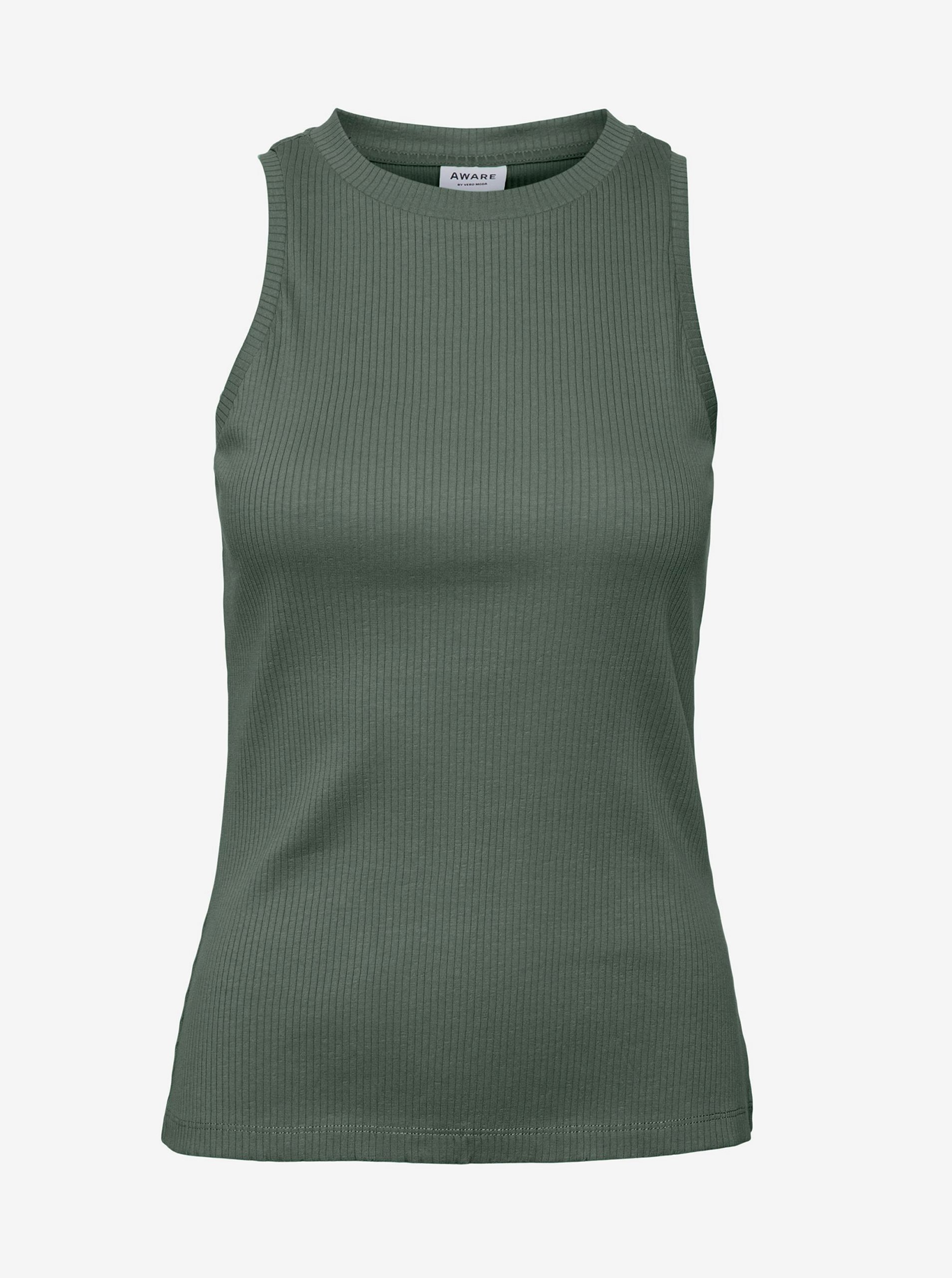 Levně Tmavě zelené dámské žebrované basic tílko AWARE by VERO MODA Lavender