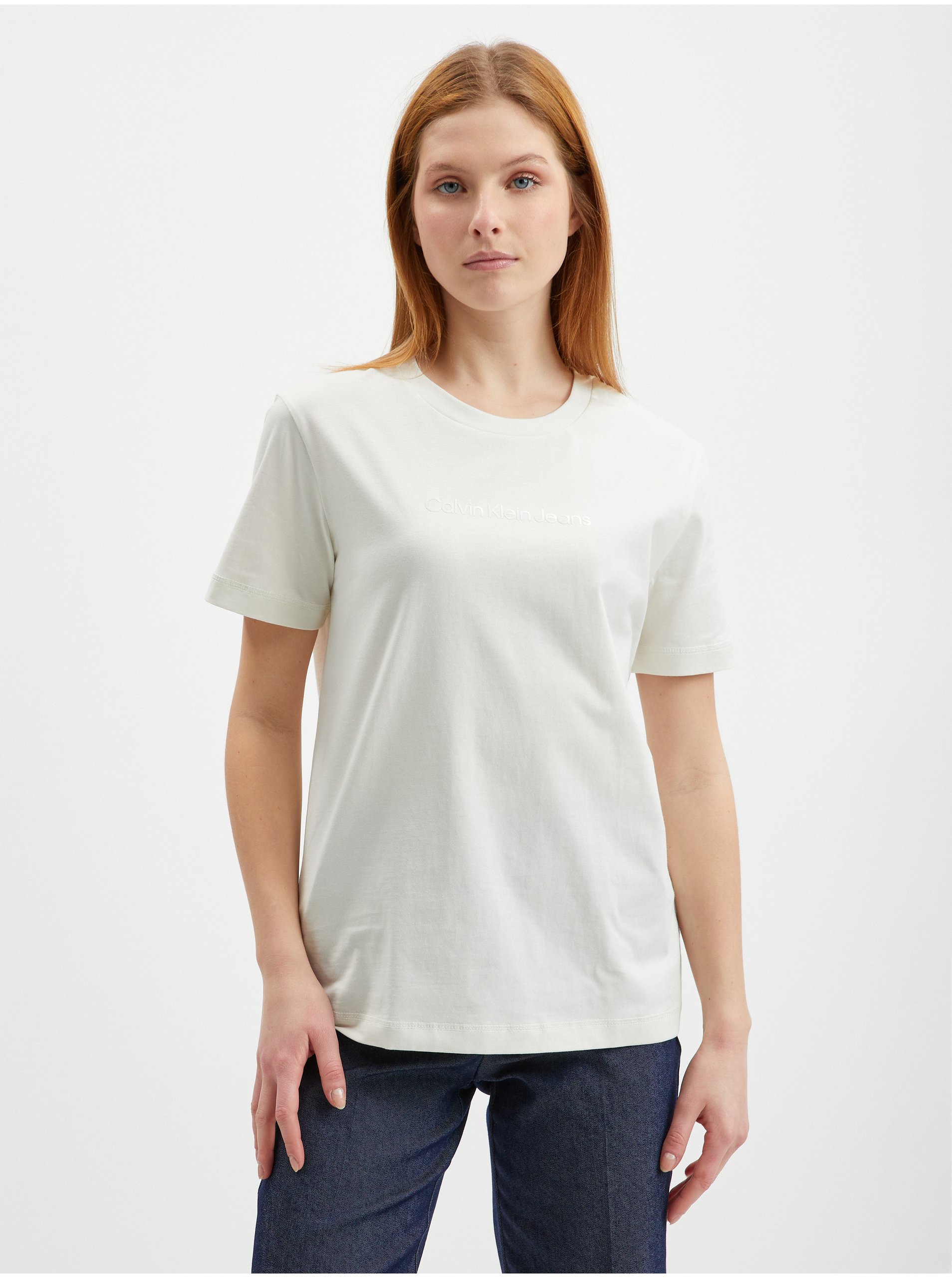 Levně Krémové dámské tričko Calvin Klein Jeans