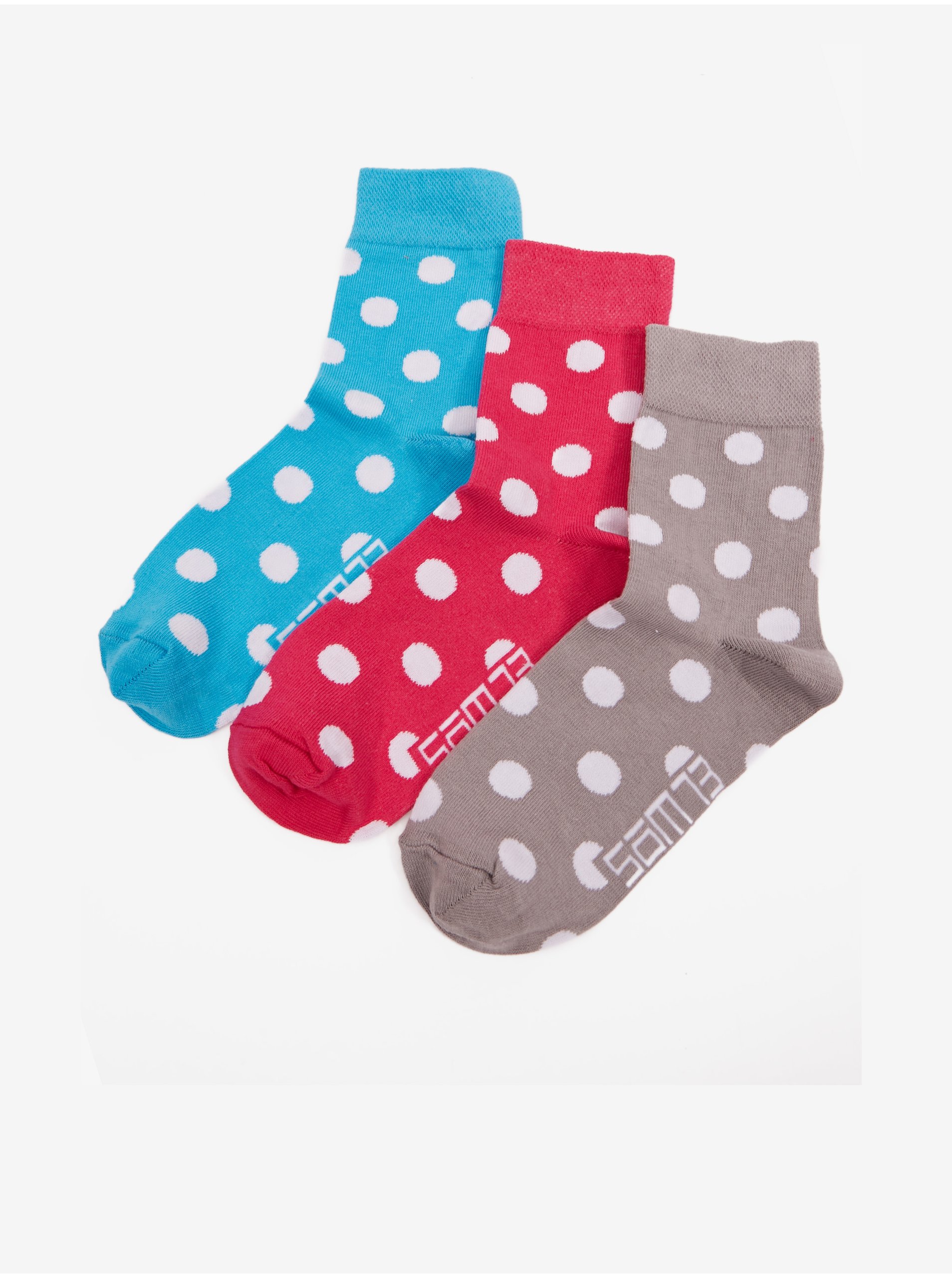 Levně Sada tří párů dámských puntíkovaných ponožek v modré, šedé a červené barvě SAM 73