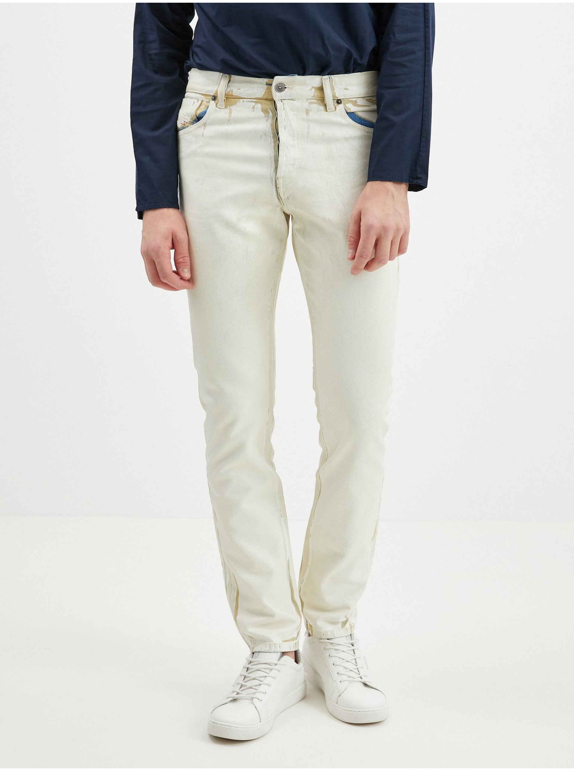 Levně Bílé pánské slim fit džíny s ozdobným detailem Diesel