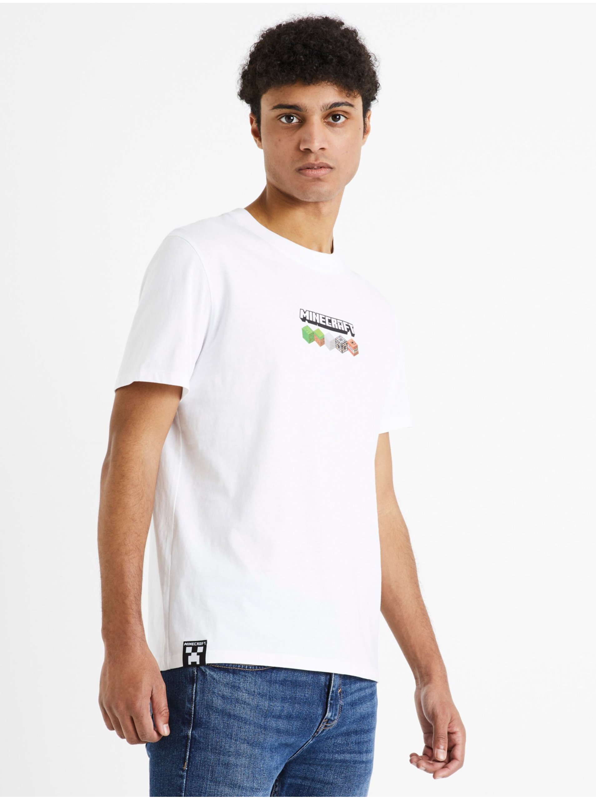 Levně Bílé pánské bavlněné tričko s potiskem Celio Minecraft