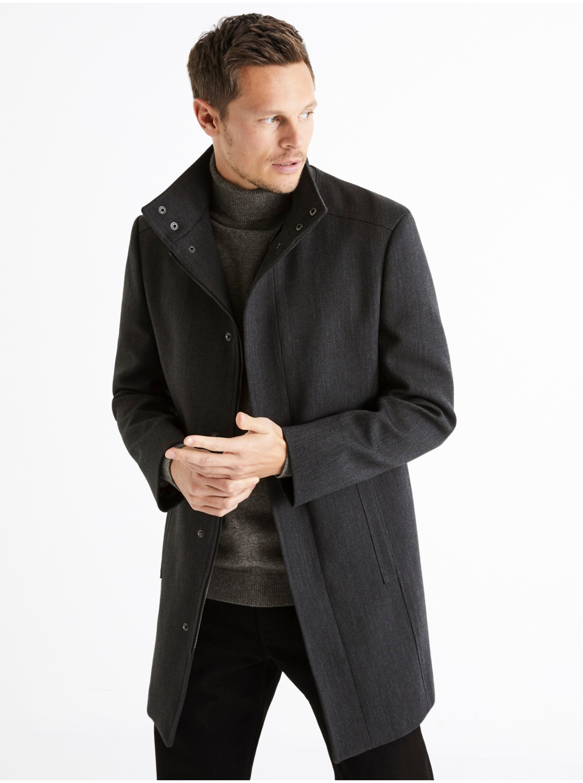 Levně Tmavě šedý pánský kabát s límcem Celio Puoffice2