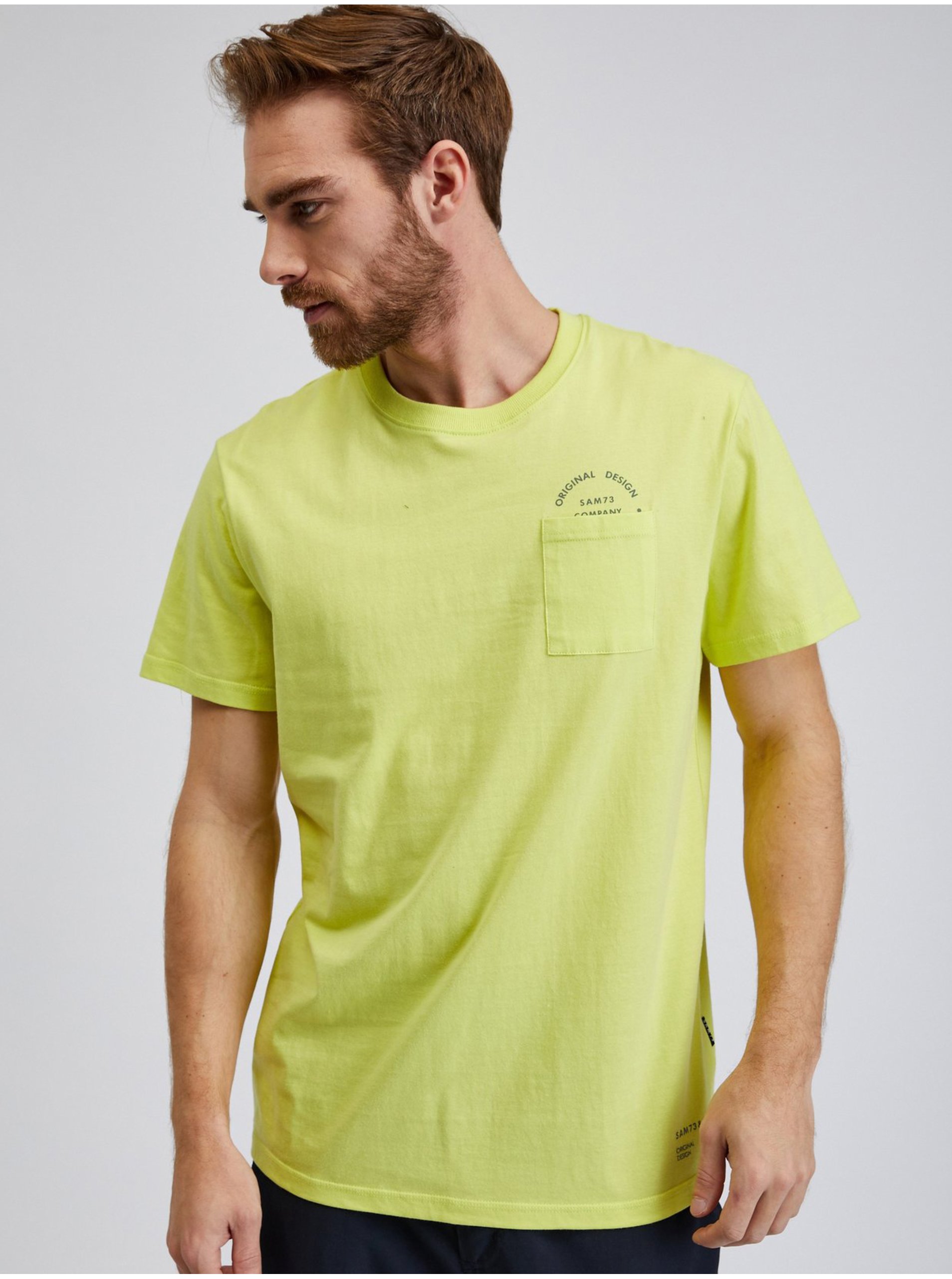 Levně Žluté pánské bavlněné tričko s kapsičkou SAM73 Fenaklid