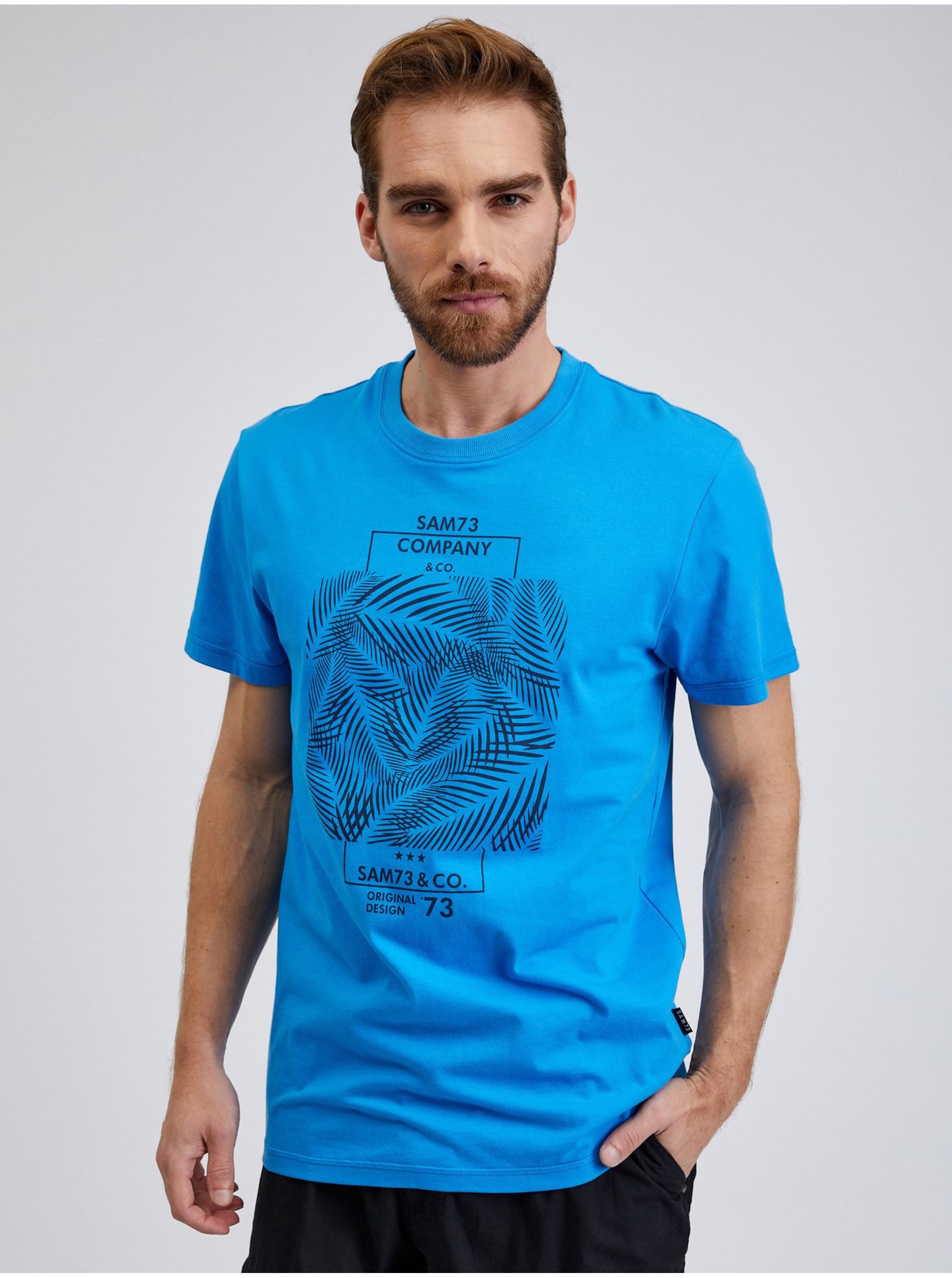 Levně Modré pánské bavlněné tričko s potiskem SAM73 Almandit