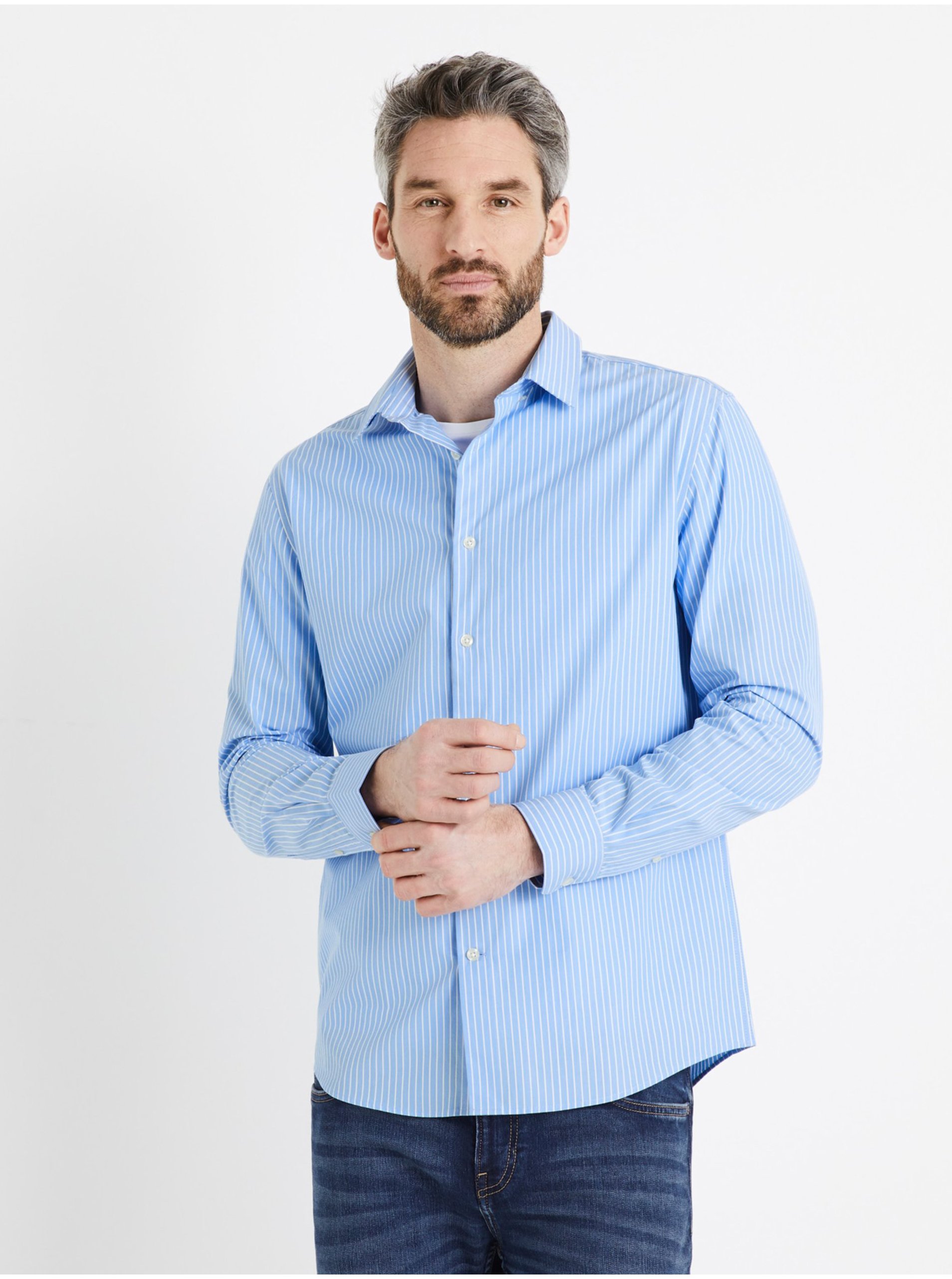E-shop Modrá pánská pruhovaná košile Celio Varegumoti