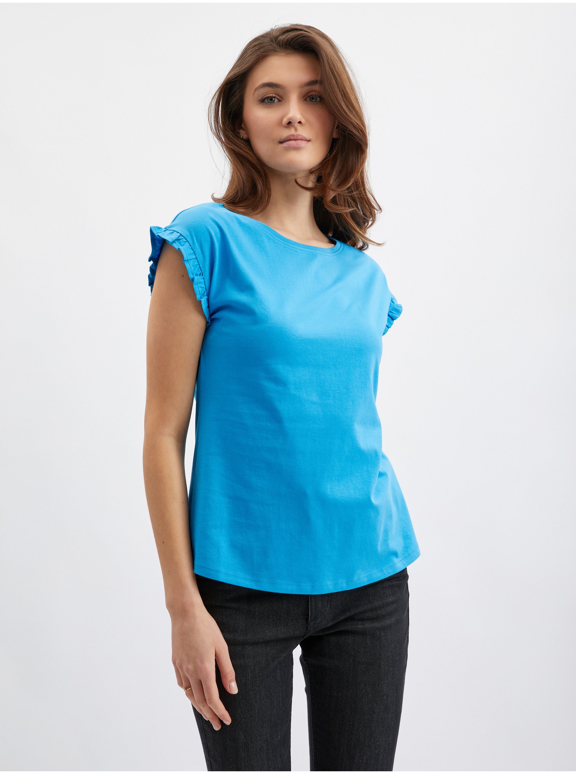 Levně Modré dámské tričko s volánem ORSAY