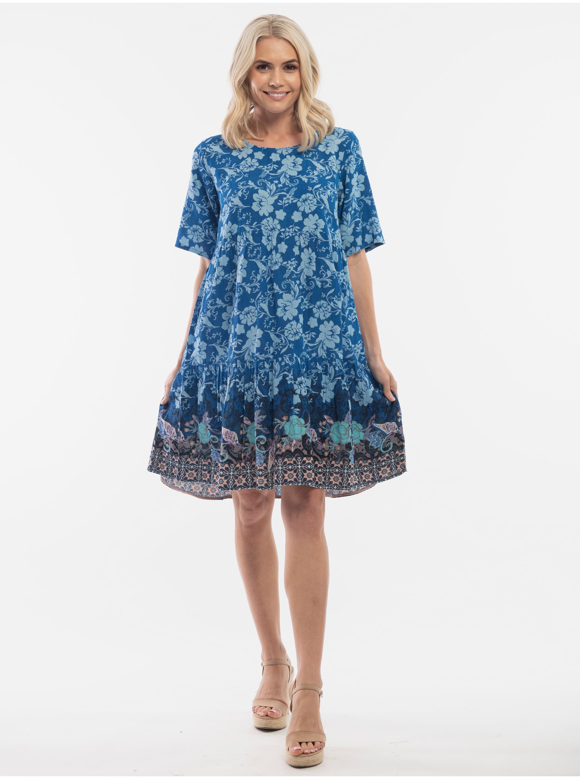 Levně Modré dámské vzorované šaty s příměsí lnu Orientique