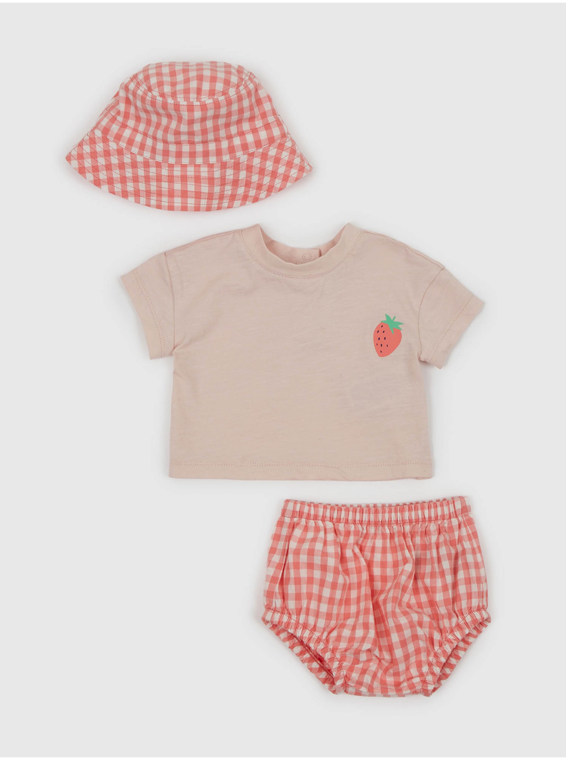 E-shop Sada holčičího trička, kraťasů a klobouku v starorůžové a červené barvě GAP
