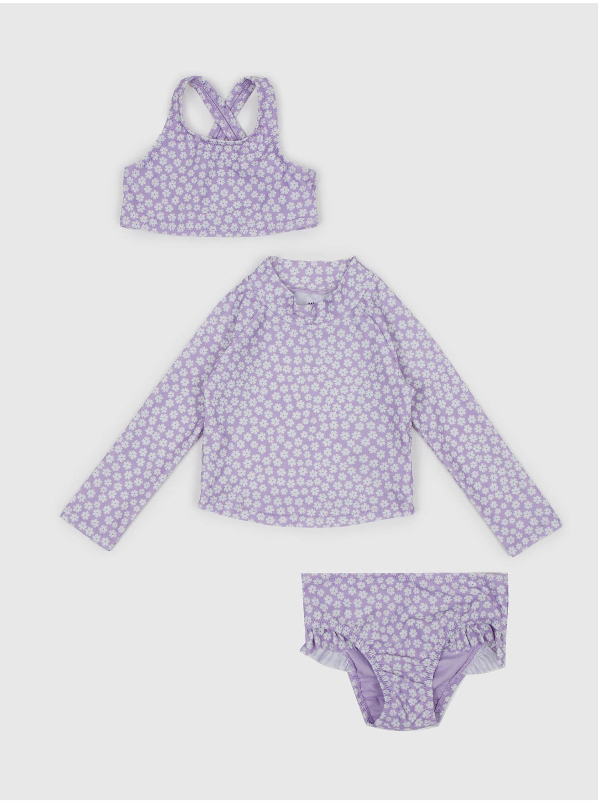 Lacno Sada dievčenských kvetovaných dvojdielnych plaviek a trička vo fialovej farbe GAP